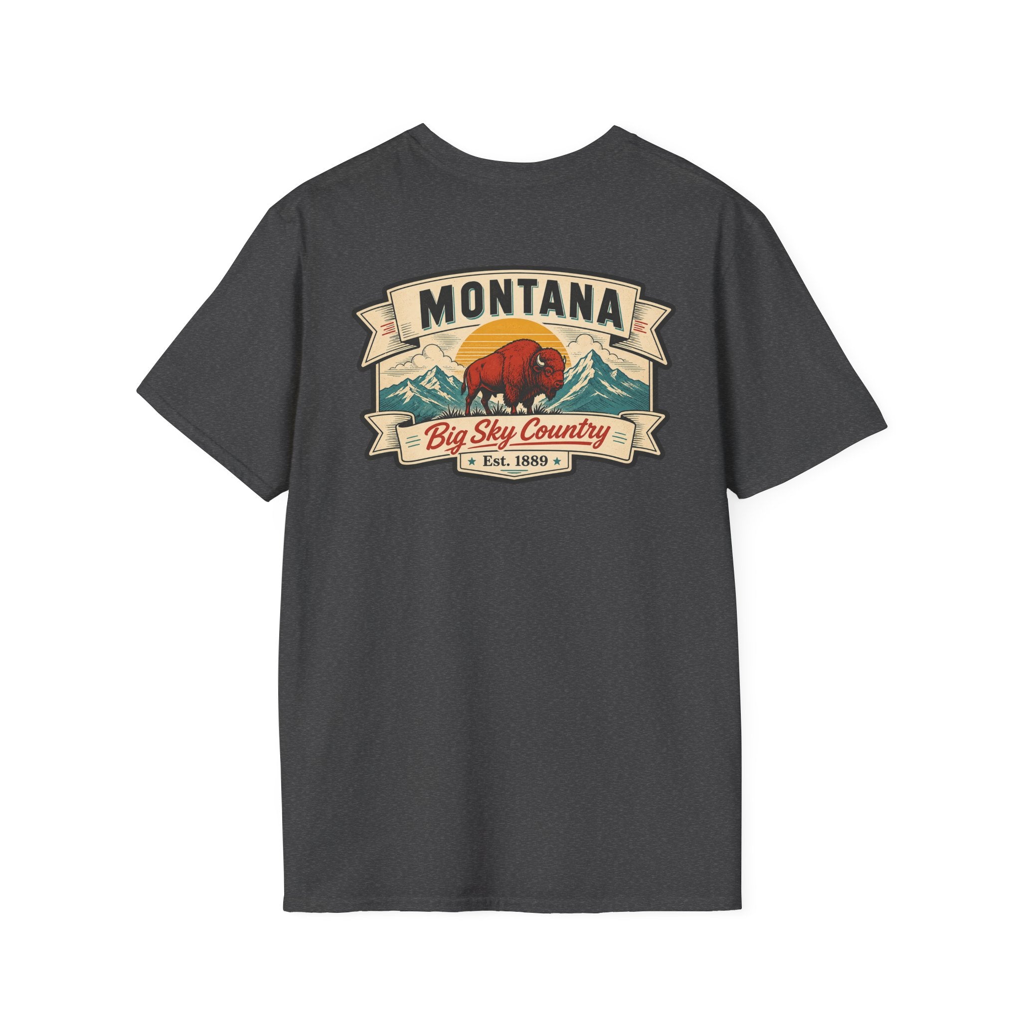 Charcoal gray Montana bison travel T-shirt with 'MONTANA' and 'Big Sky Country' graphic