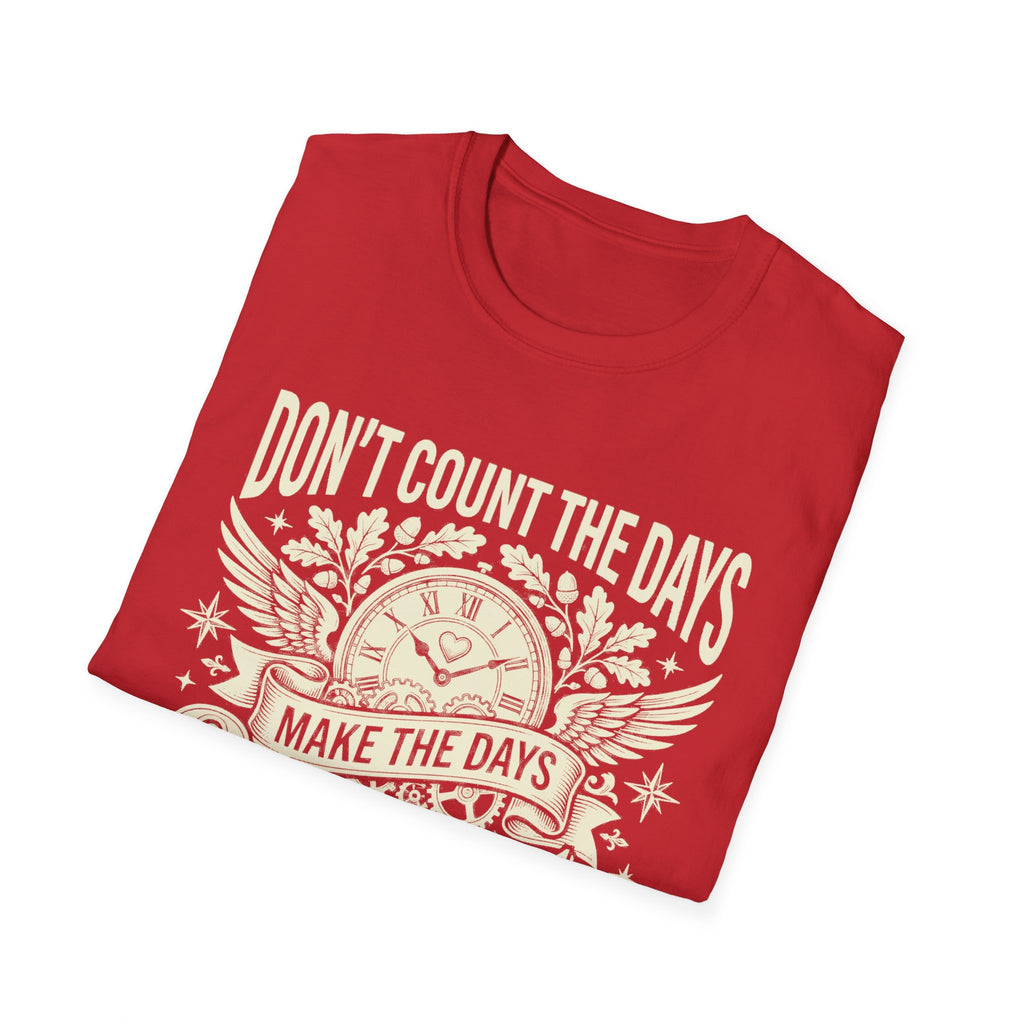 Inspirational quote T-shirt in red with clock and wings graphic and 'MAKE THE DAYS' text