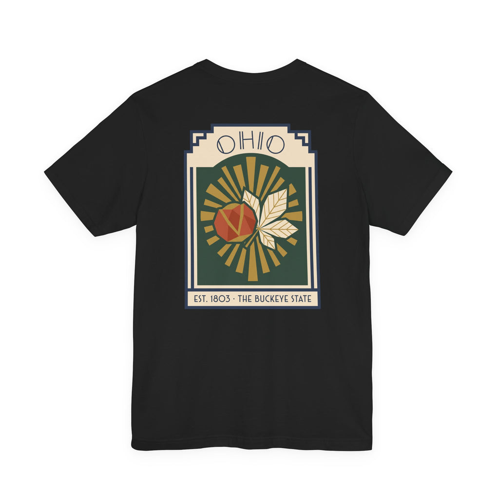 Black T-shirt with Ohio sunburst art deco graphic front