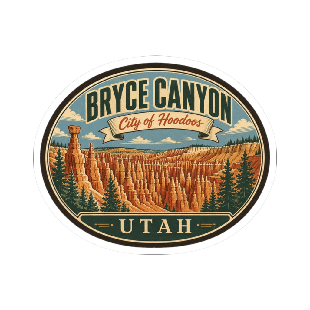 Round sticker with Bryce Canyon hoodoos, 'City of Hoodoos' ribbon, and 'UTAH' bottom text.
