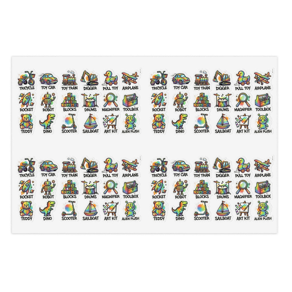 Toy icon sticker sheet, die-cut colorful stickers with pull-toy and airplane icons