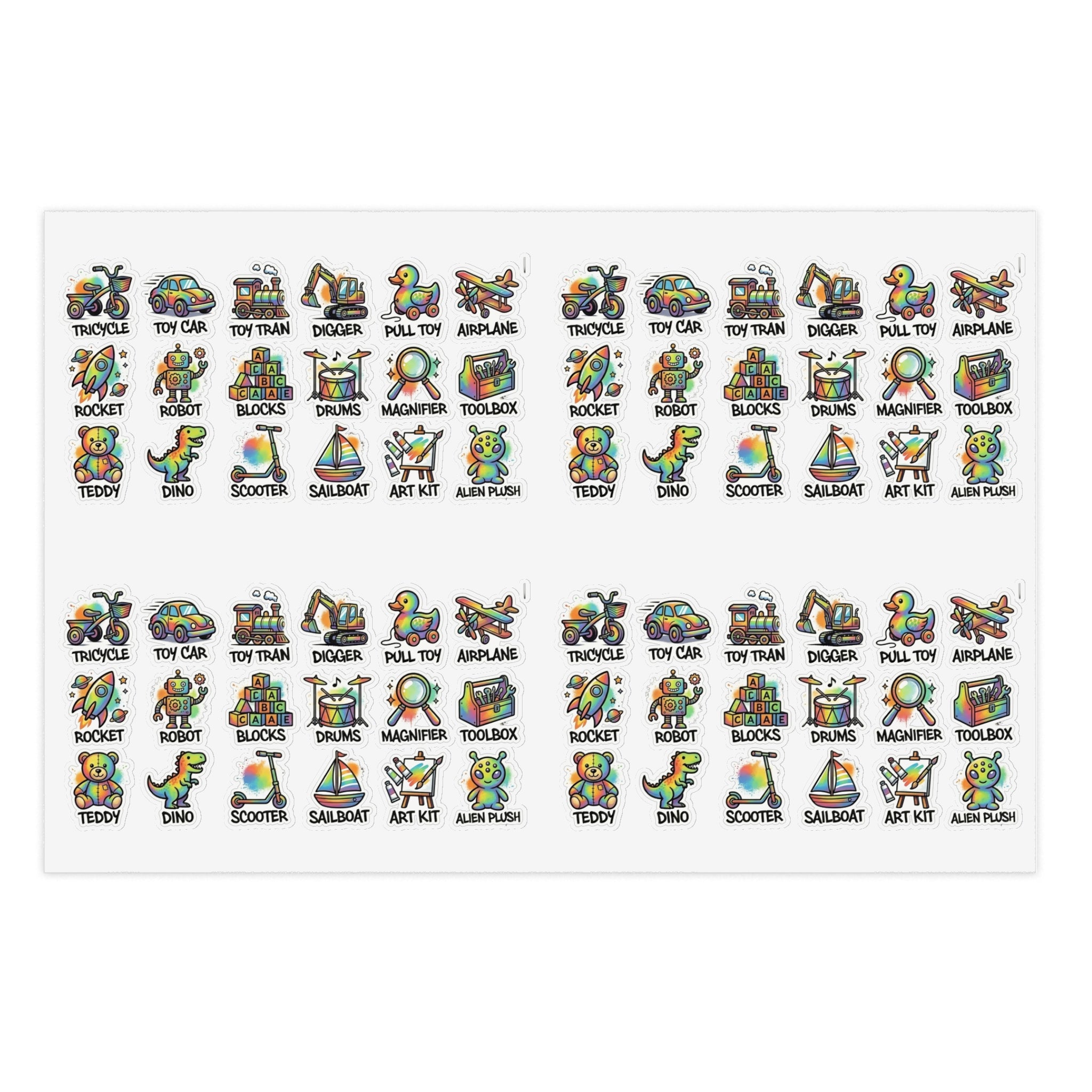 Toy icon sticker sheet, die-cut colorful stickers with pull-toy and airplane icons