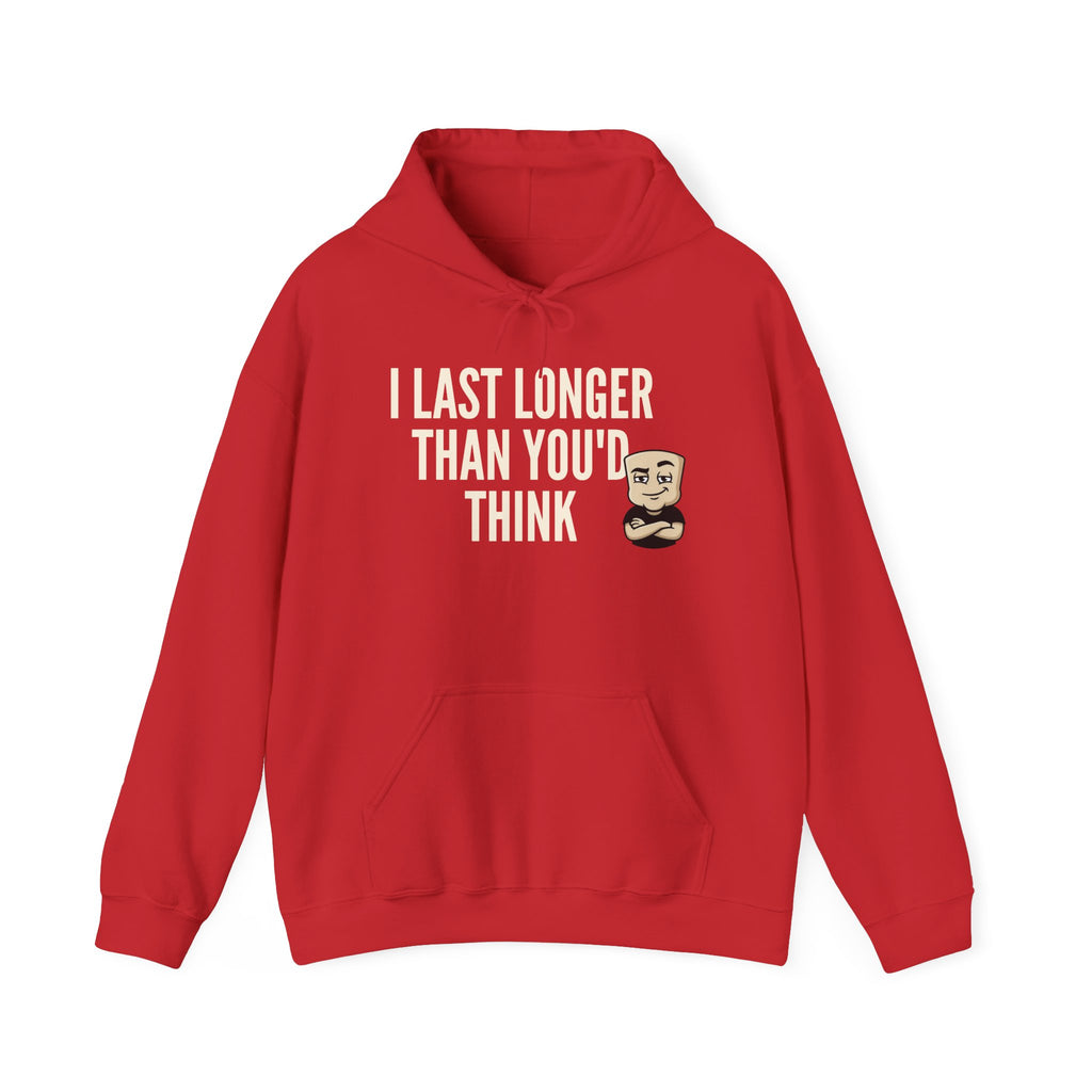 I Last Longer Than You'd Think Hoodie | Funny Adult Humor Beard Guy Graphic Sweatshirt Gift
