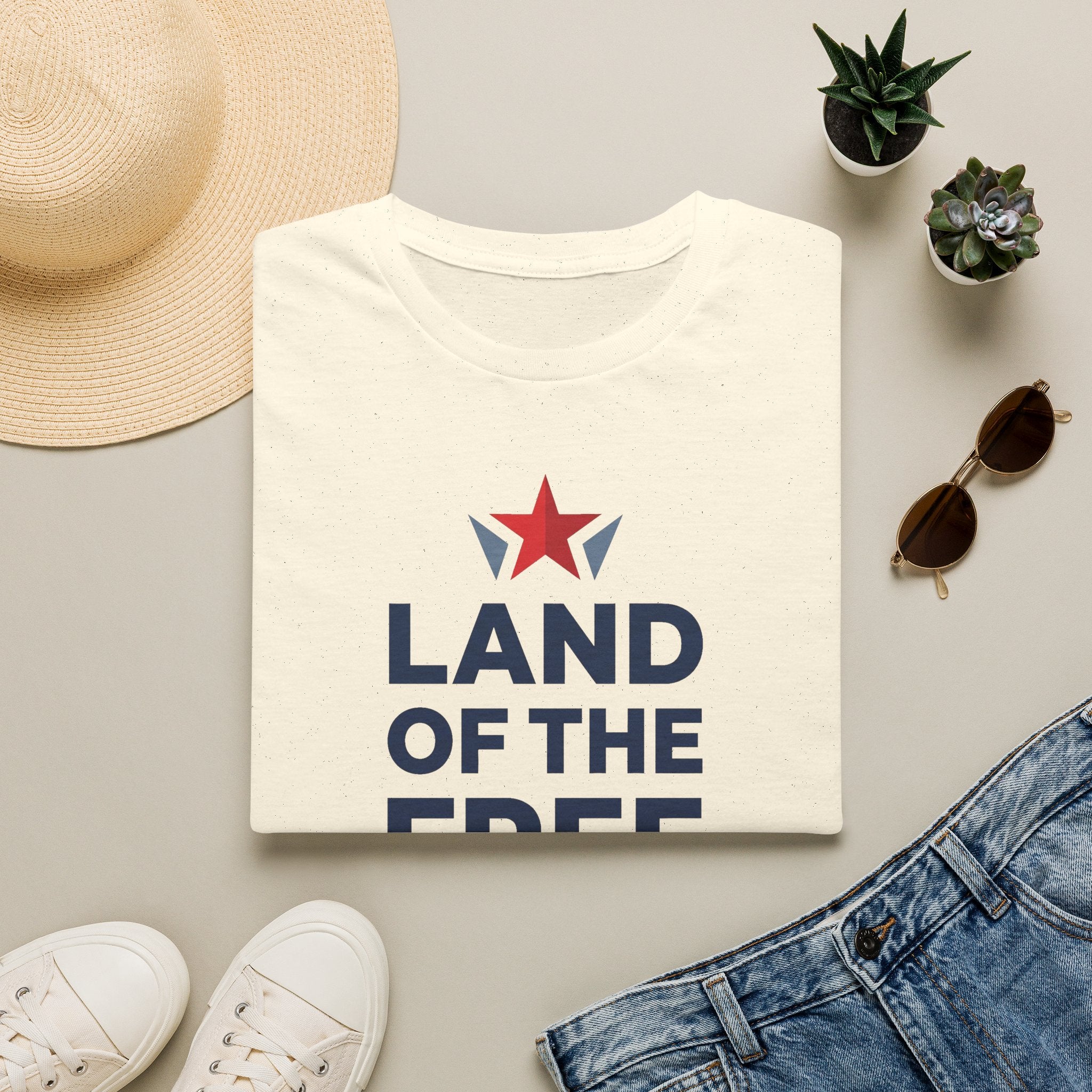 White crewneck T-shirt with red star graphic above blue "LAND OF THE FREE" text