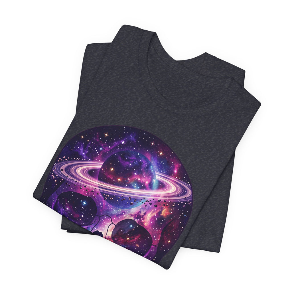 Galaxy skull T-shirt in dark charcoal heather, partial nebula skull and planet ring