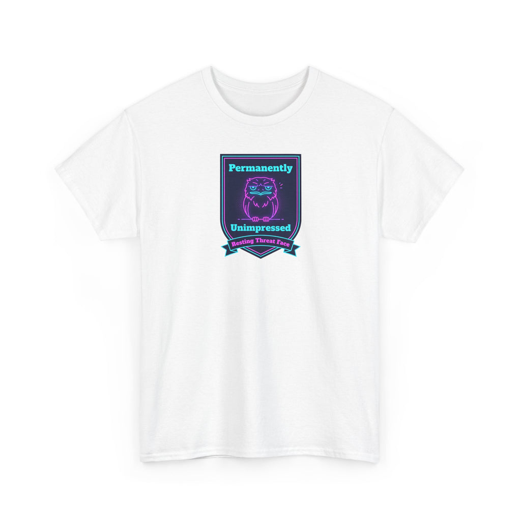 Permanently Unimpressed Badge Tee | Retro Neon Robot Design