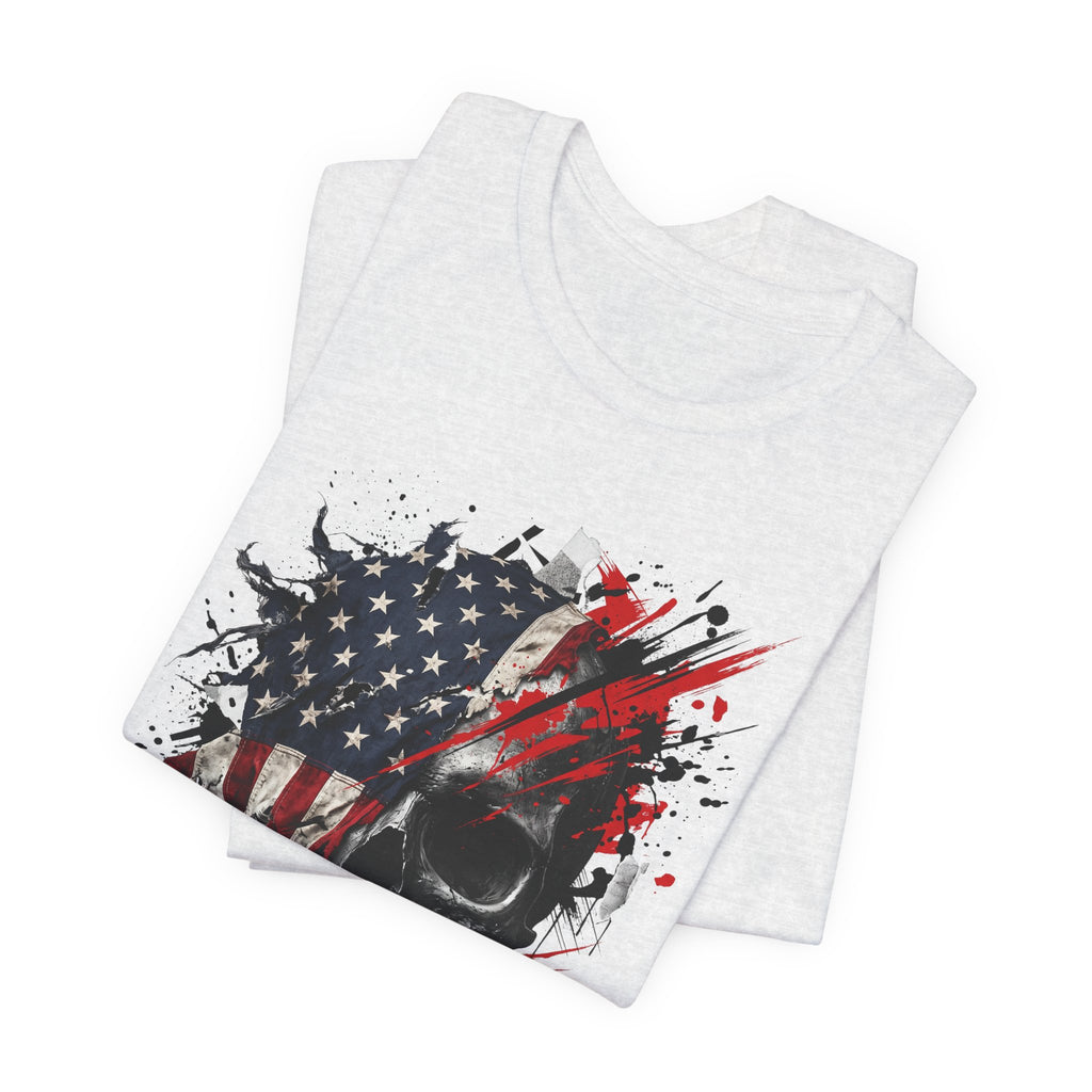 Heather grey skull and American flag graphic T-shirt, short sleeves, crew neck
