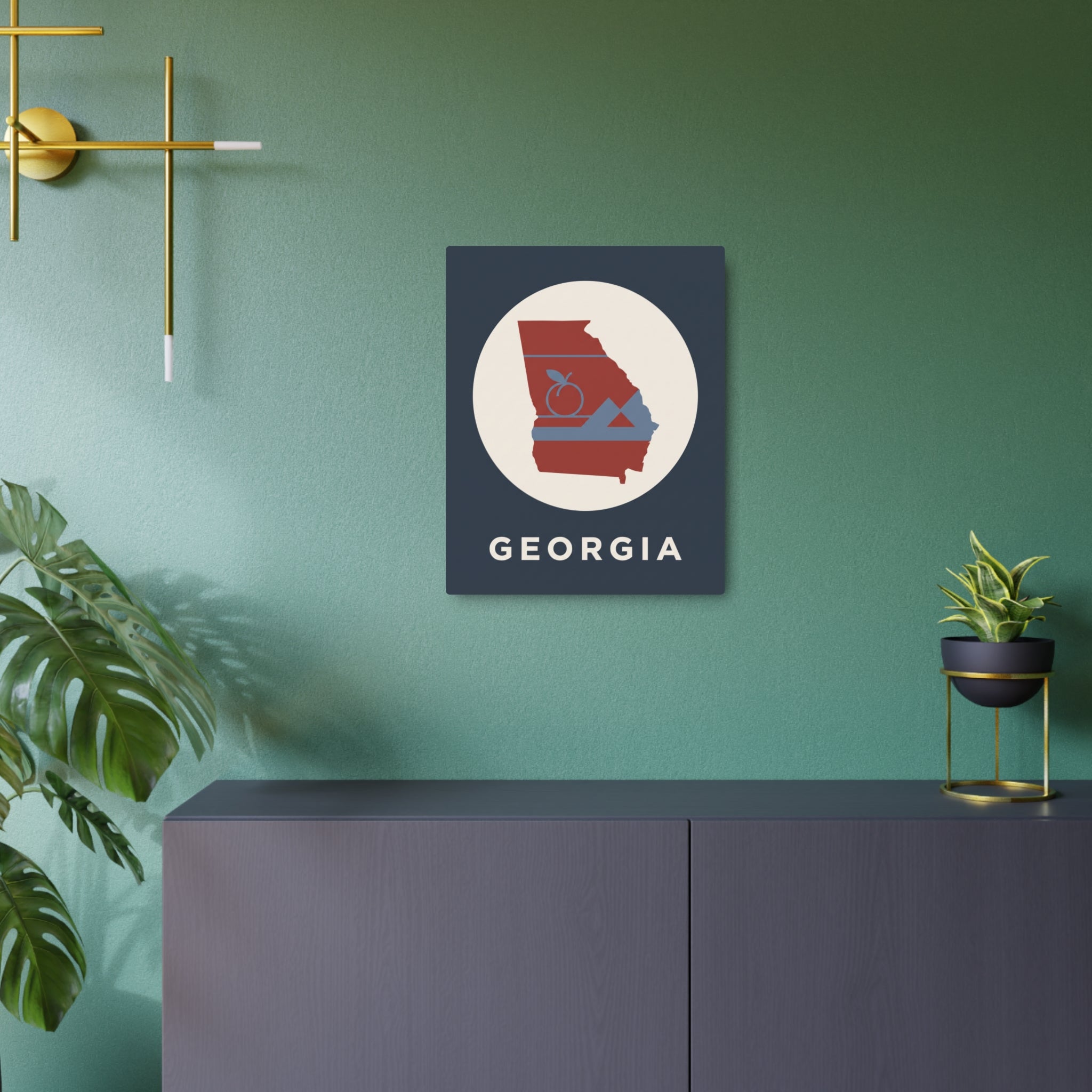 Square Georgia metal art sign on wall, white circle with state outline and “GEORGIA”