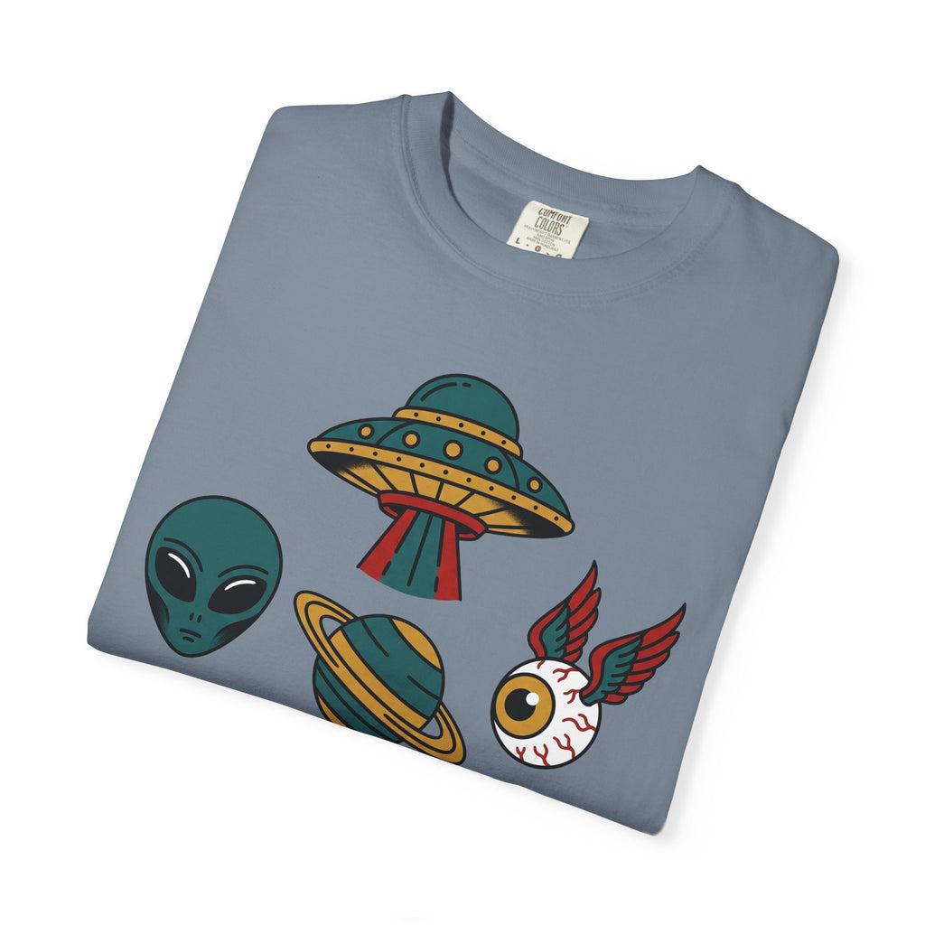 Light blue T-shirt with alien, UFO, and cat graphic print