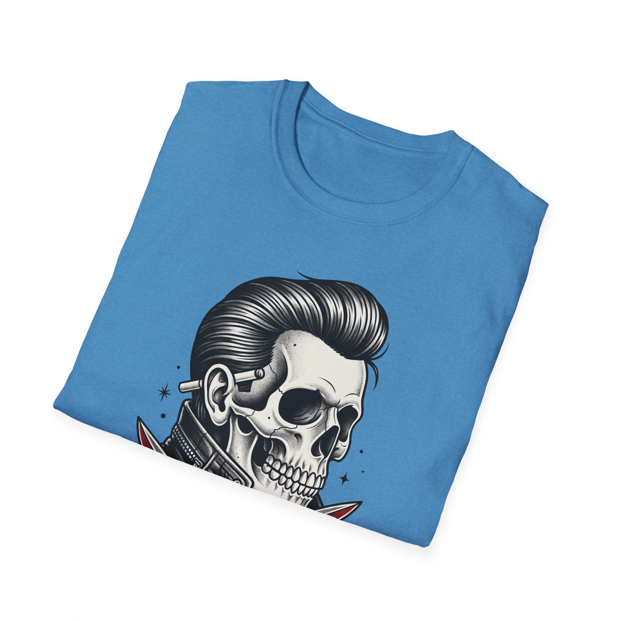 T-Shirt hellblau mit großem schwarz-weißem Totenkopf-Illustrationsmotiv