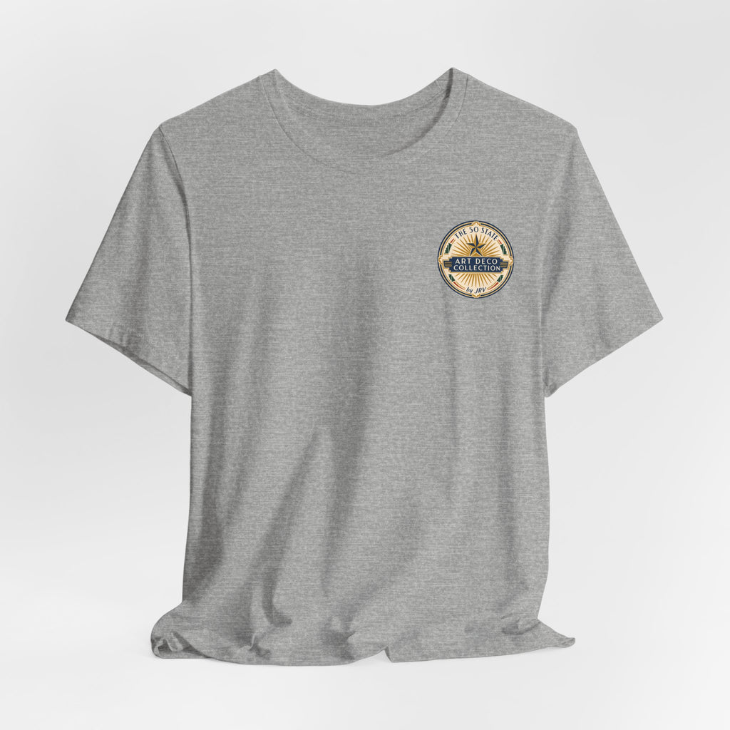 Heather gray T-shirt with small round badge logo at left chest