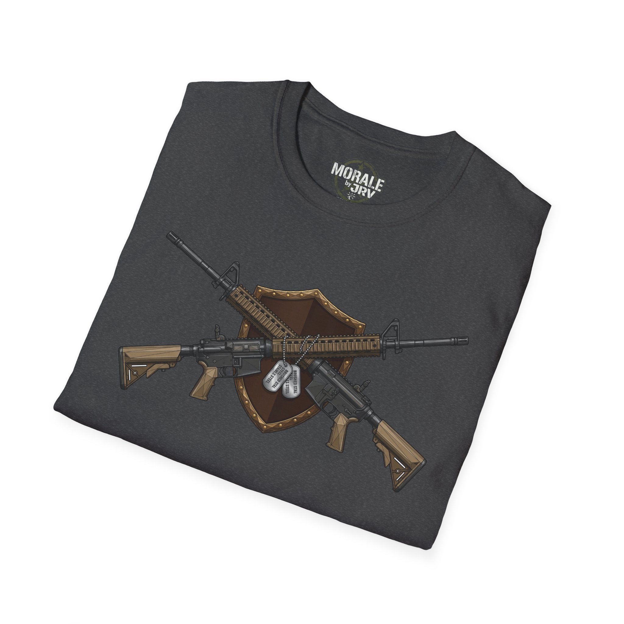 Dark Heather t-shirt with large tactical rifle graphic on the front