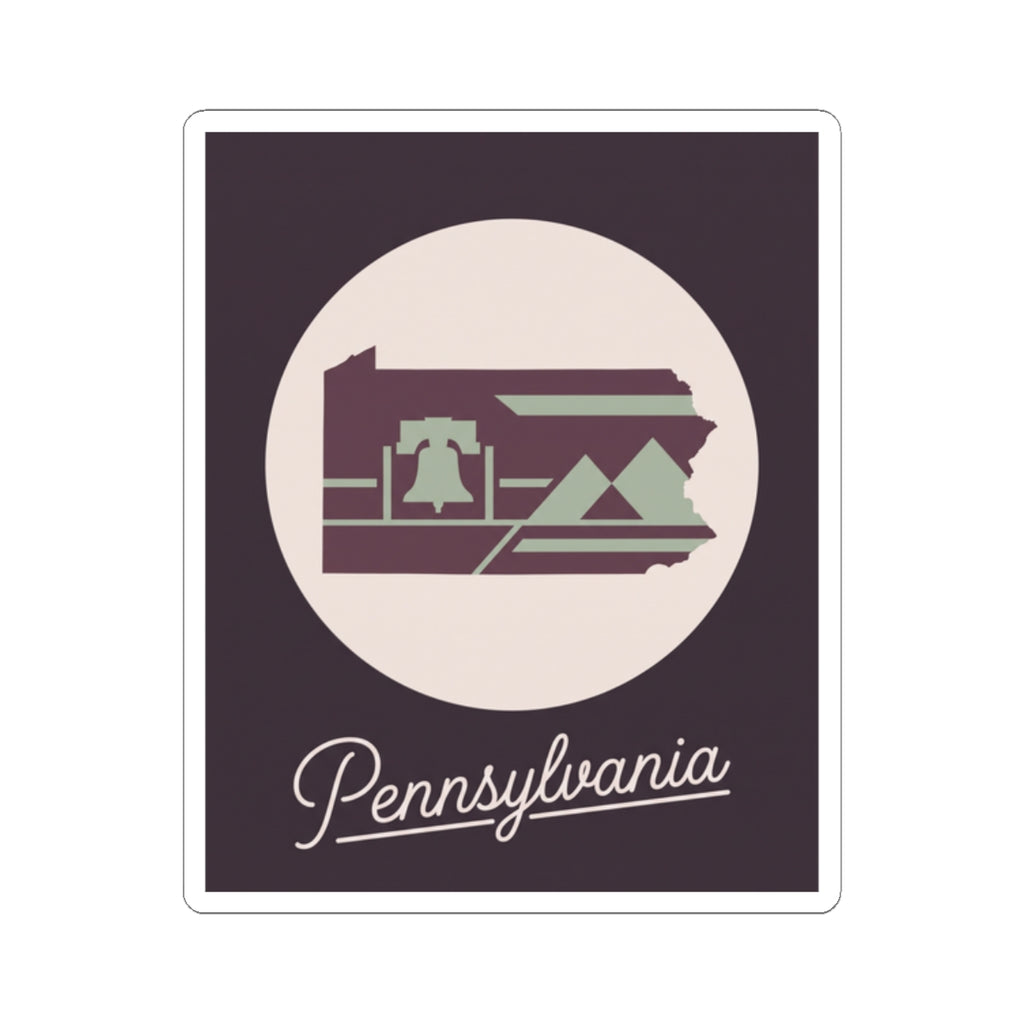 Pennsylvania state silhouette kiss-cut decal sticker, circular emblem and “Pennsylvania” script in purple
