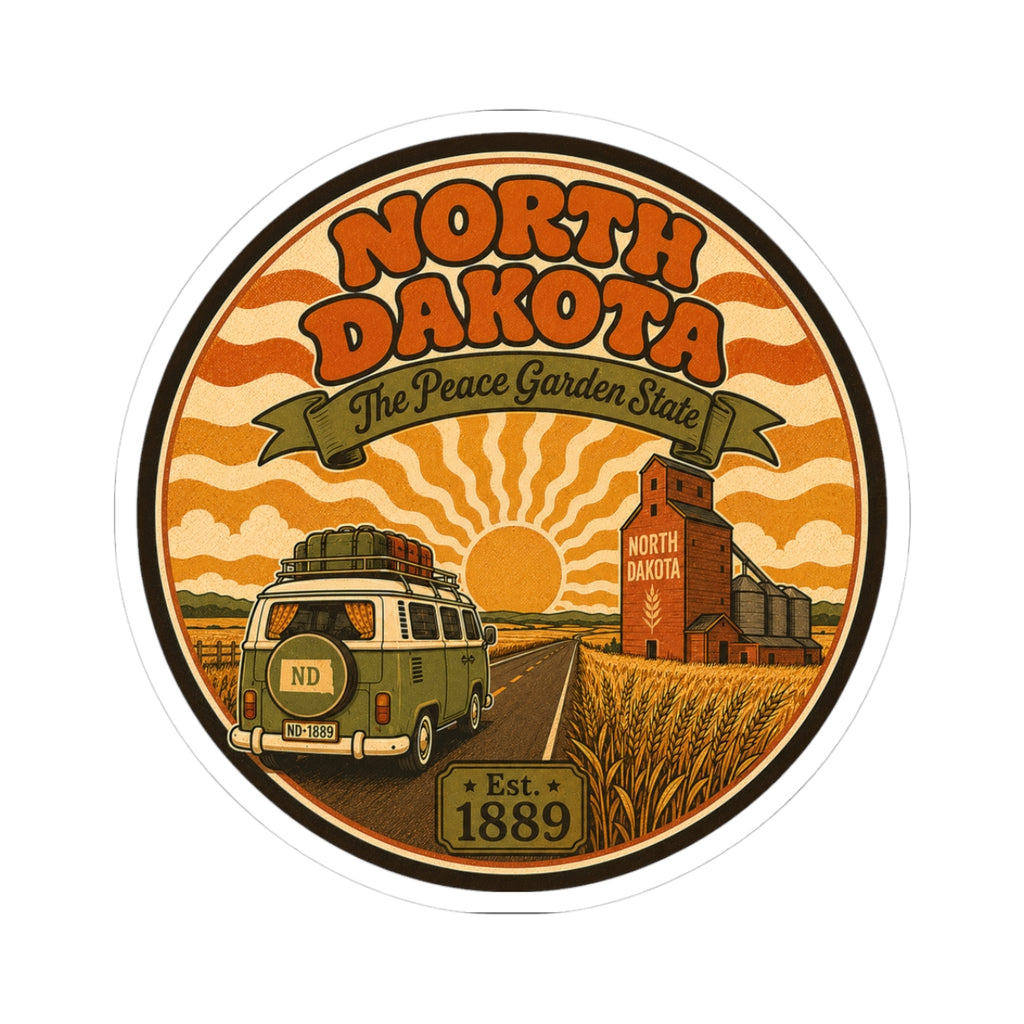 Round kiss-cut travel sticker with North Dakota logo, truck and barn, Est. 1889