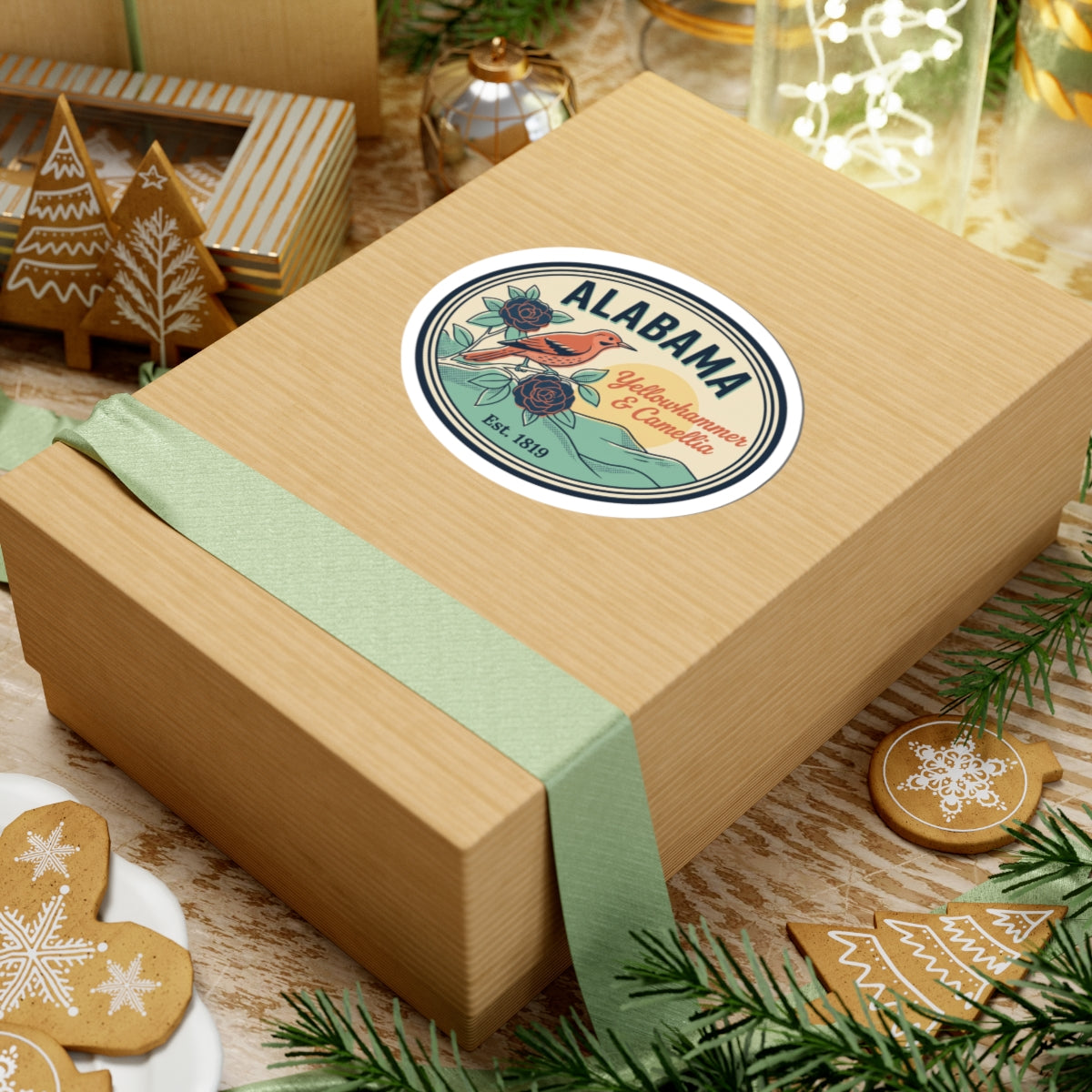 Alabama oval vinyl sticker on gift box top, oval badge with teal hills and roses