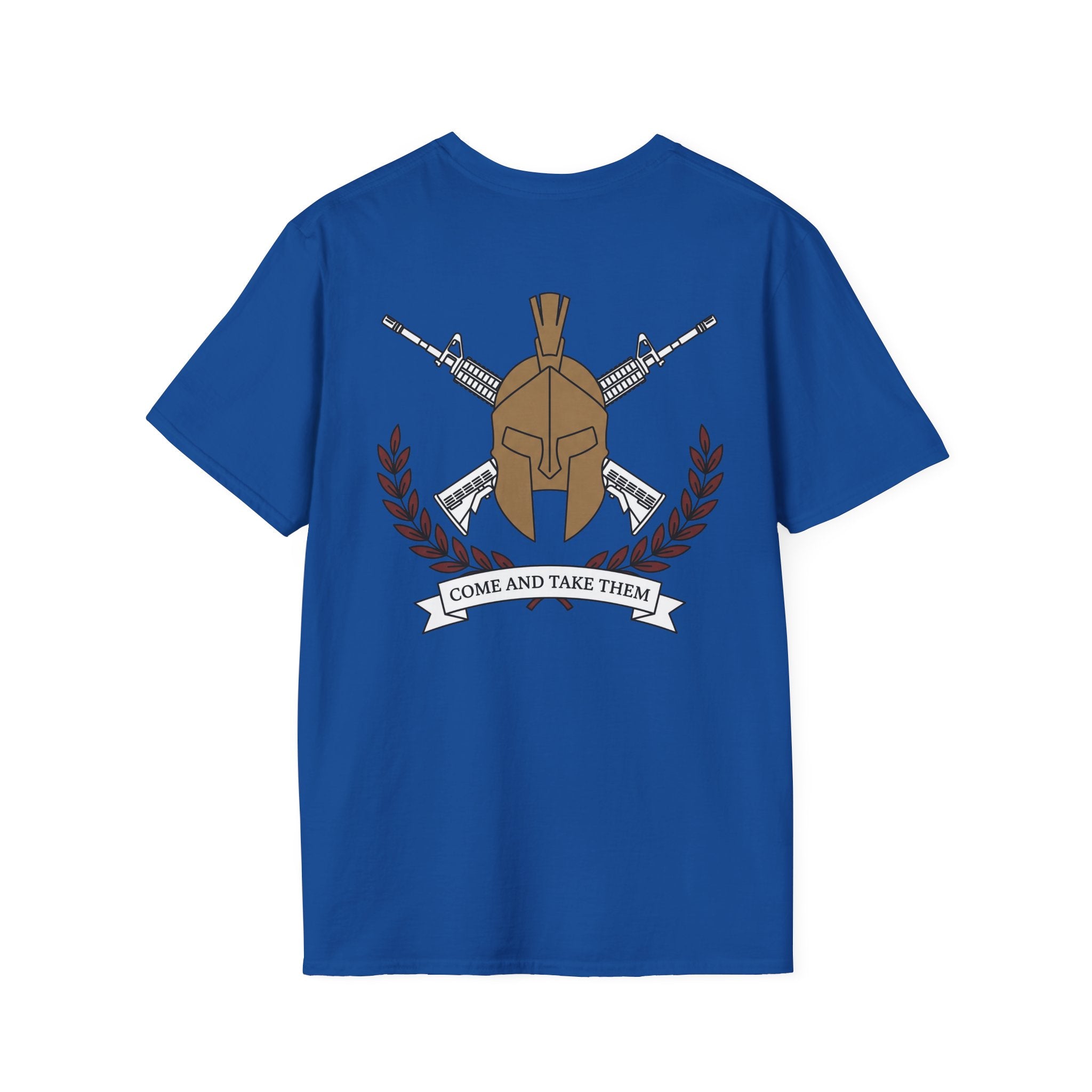 Graphic T-shirt in royal blue with helmet-and-rifles back print and banner text.