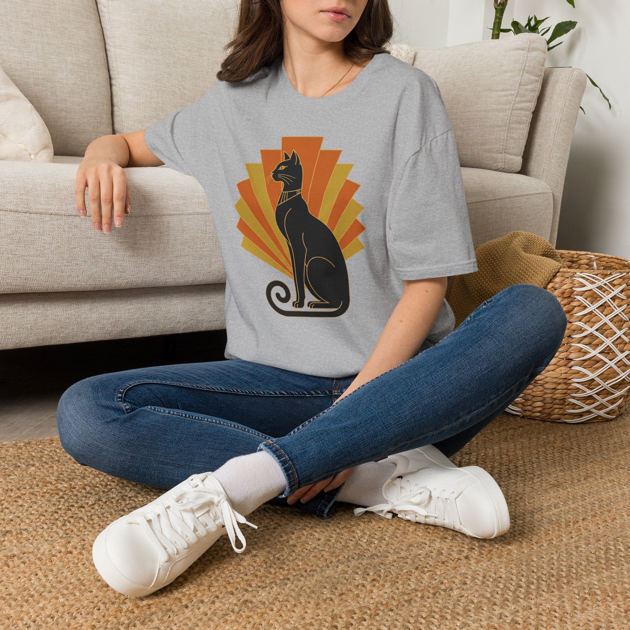 Gray cat T-shirt on model with Egyptian-style black cat and orange sunburst