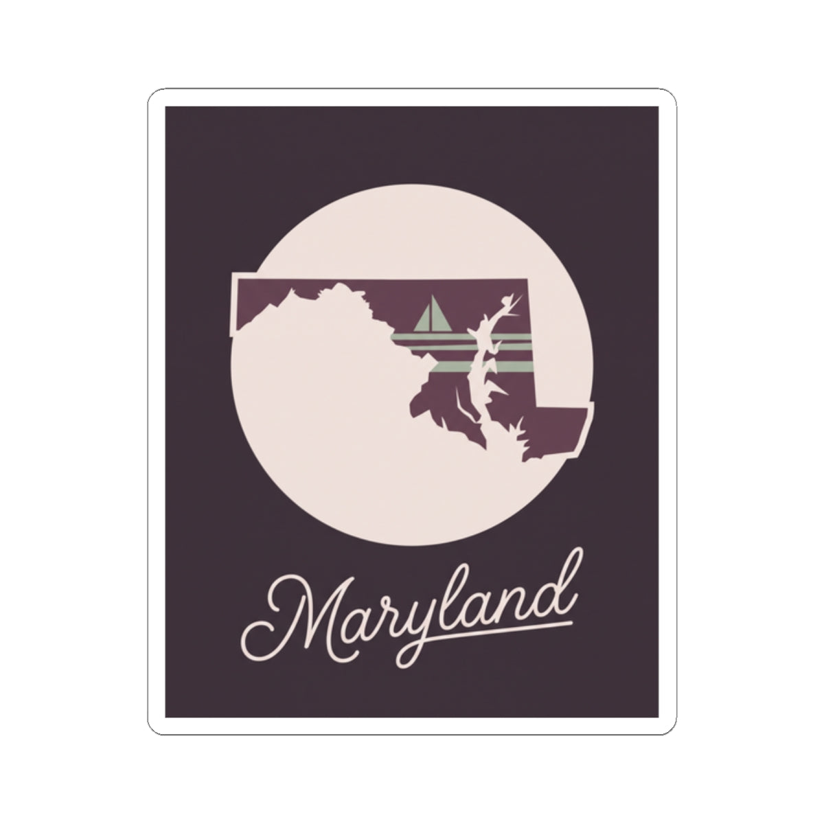 Square mauve Maryland state silhouette decal with circular emblem and “Maryland” lettering