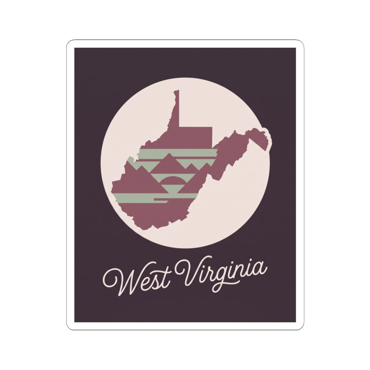 Purple square West Virginia sticker with circular map graphic and “West Virginia” text.