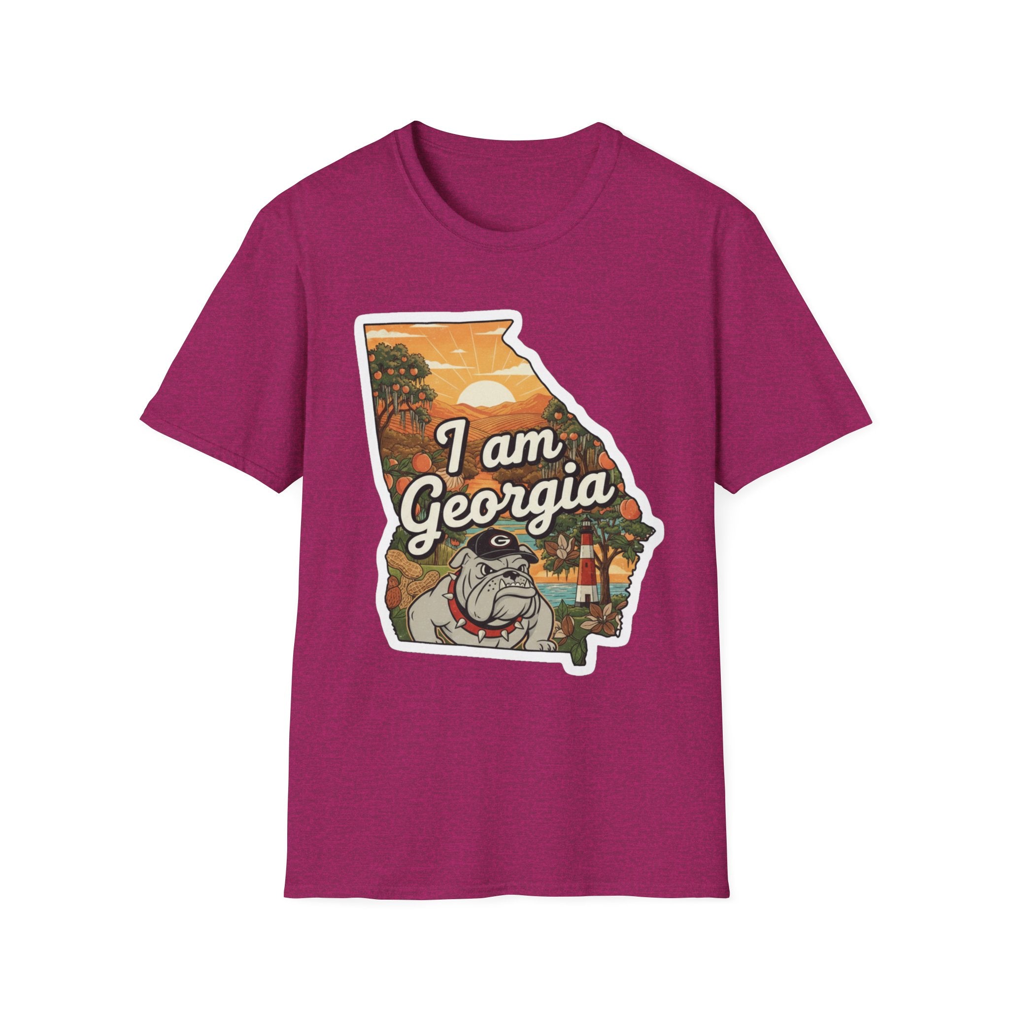Magenta T-shirt with “I am Georgia” bulldog state map sunset graphic