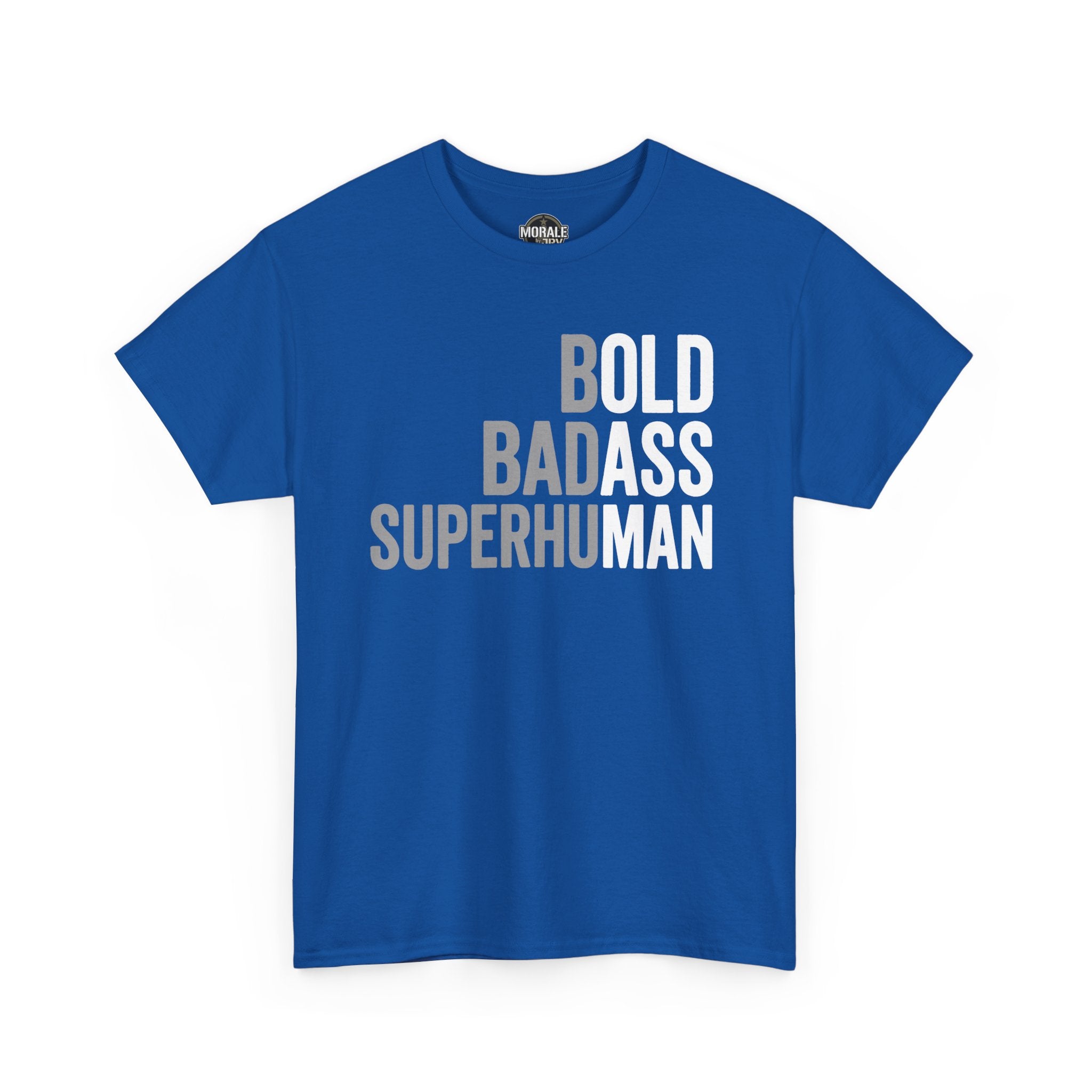 Royal blue crewneck T-shirt with 'BOLD BADASS SUPERHUMAN' front print