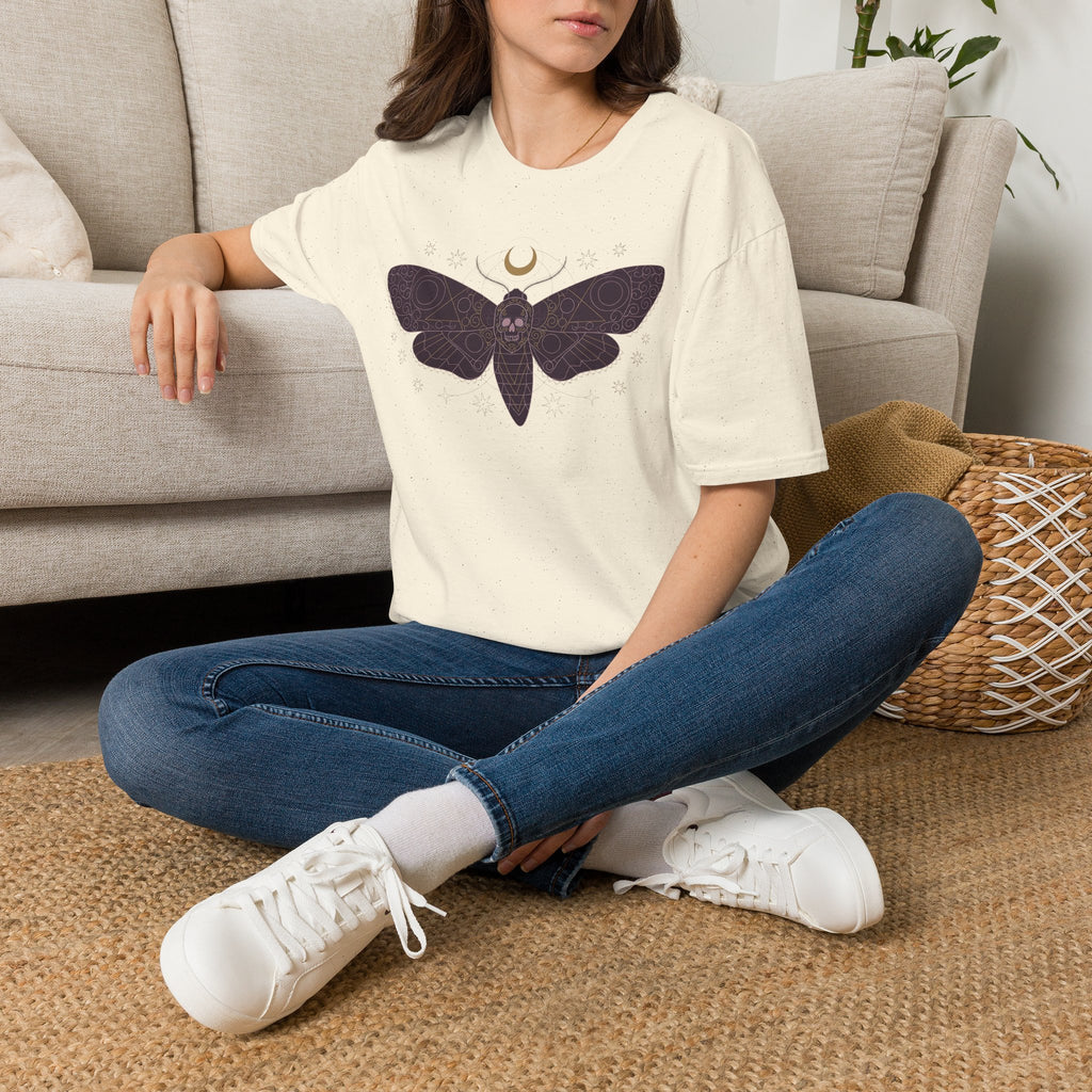 Off-white T-shirt with purple moth skull graphic and crescent moon