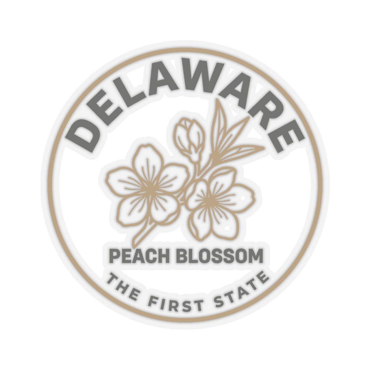 Circular transparent vinyl decal showing DELAWARE and peach blossom floral emblem
