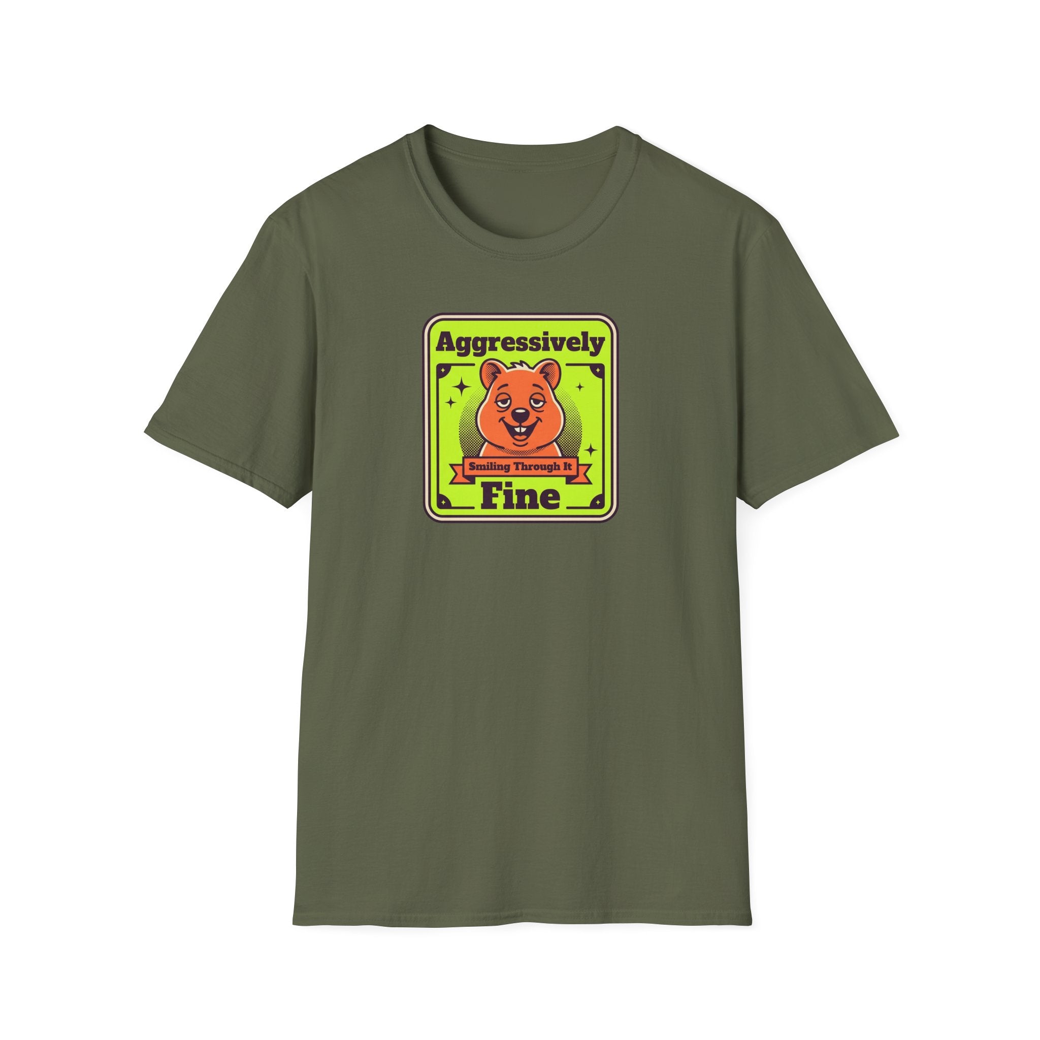 Funny Bear T-Shirt | Aggressively Smiling Fine Retro Neon Graphic Tee | Bear Lover Sarcastic Gift