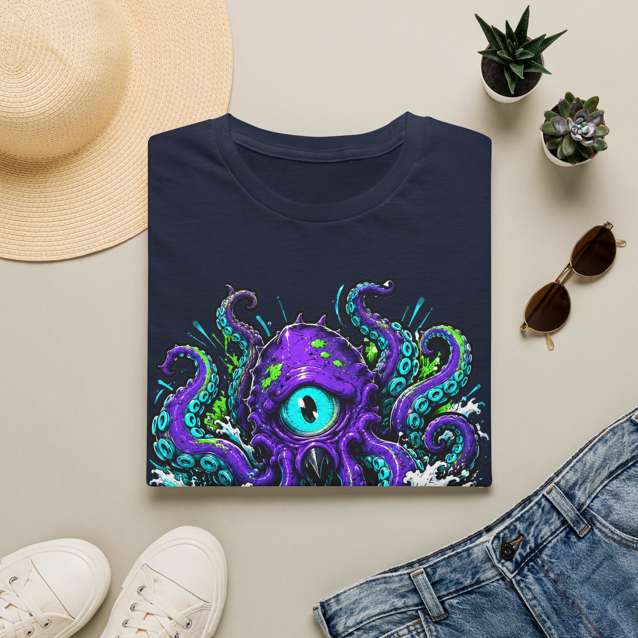 Navy graphic octopus T-shirt with purple cyclops eye and teal tentacles