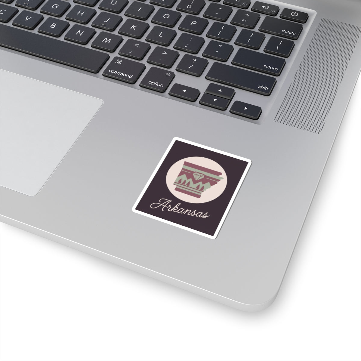 Maroon square Arkansas silhouette sticker with 'Arkansas' script and state emblem
