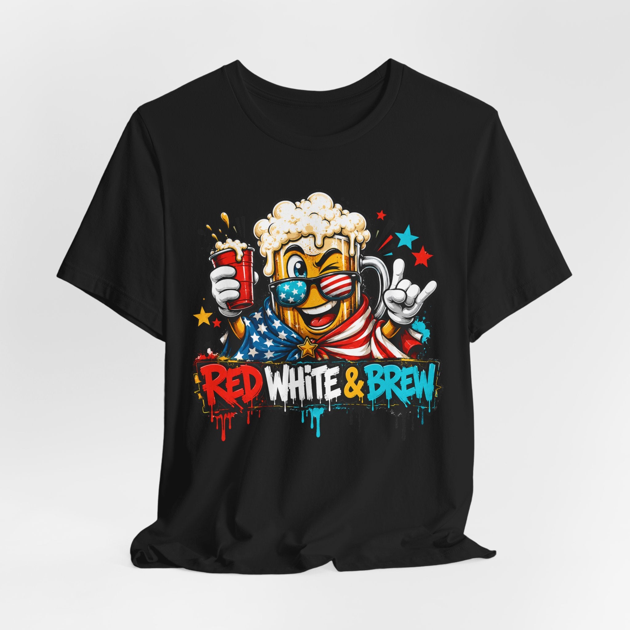 Red White & Brew 4th of July T-Shirt | Patriotic Beer Mascot American Flag Graphic Tee