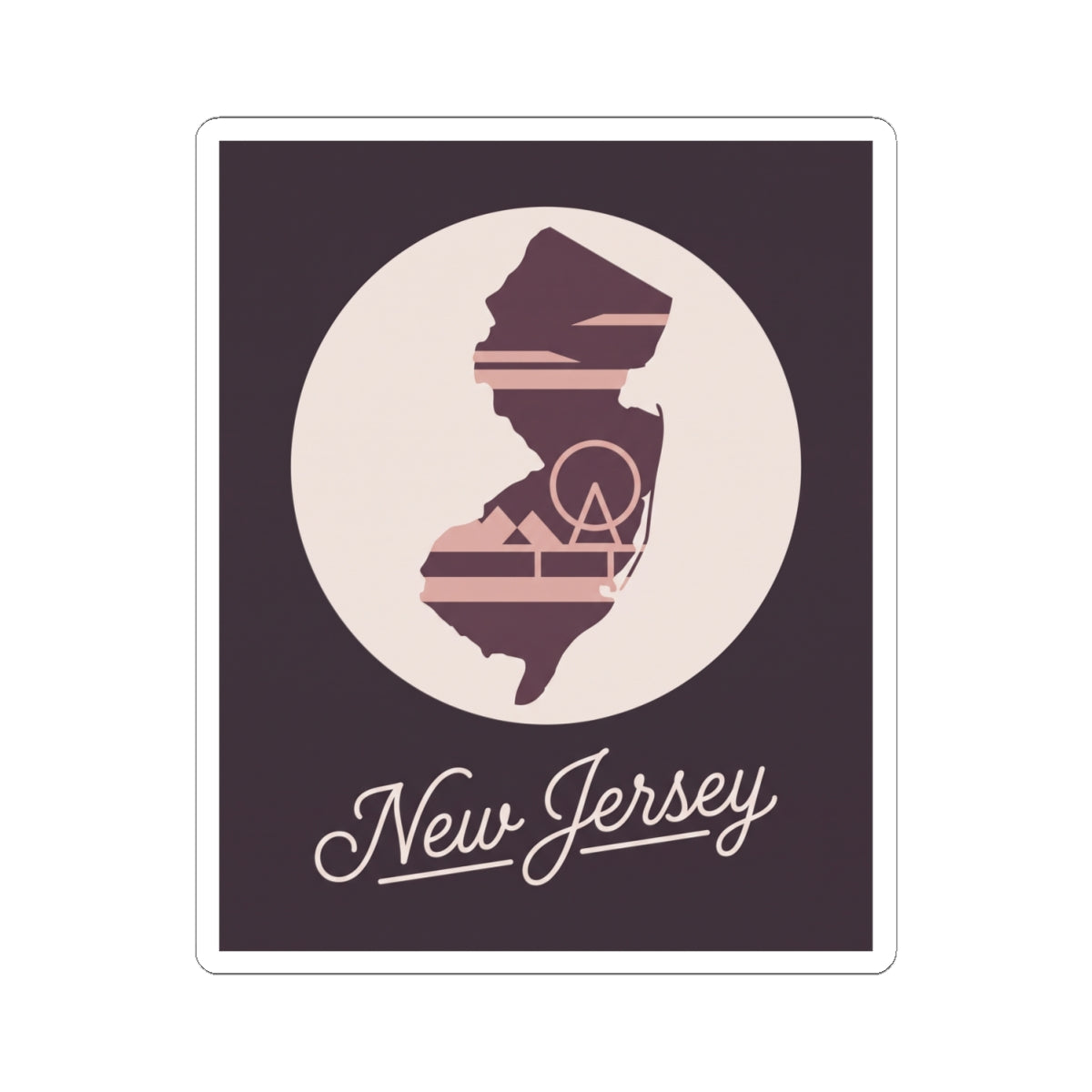 Square New Jersey state silhouette kiss-cut decal with script “New Jersey” lettering, beige circle
