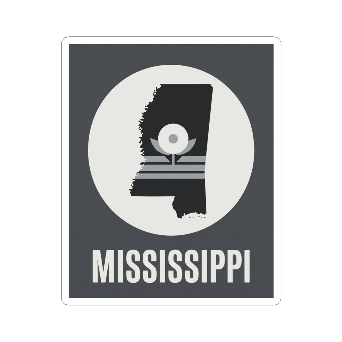 Mississippi silhouette kiss-cut sticker with circular emblem and “MISSISSIPPI” text