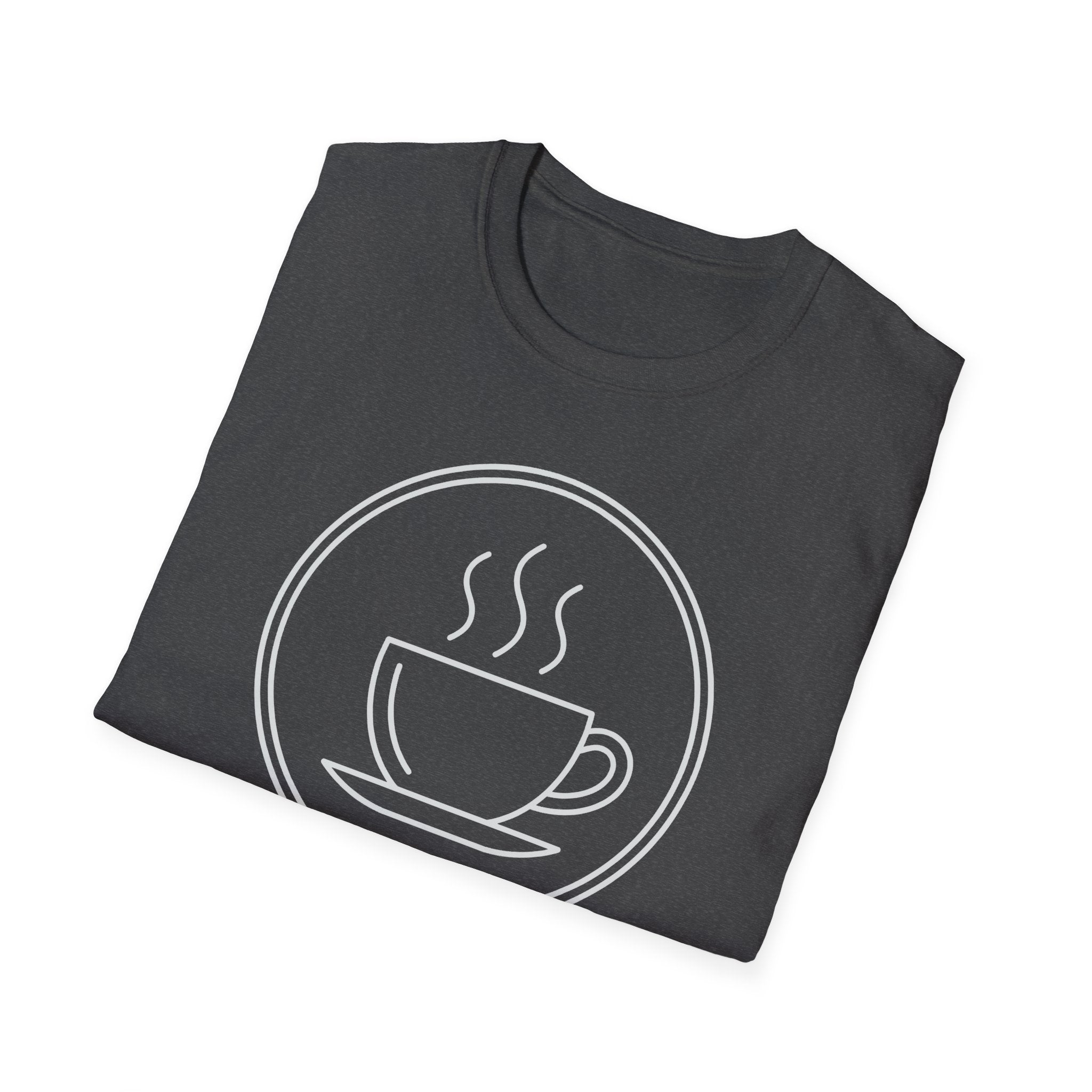 Dark grey crew-neck T-shirt with circular coffee cup line-art graphic