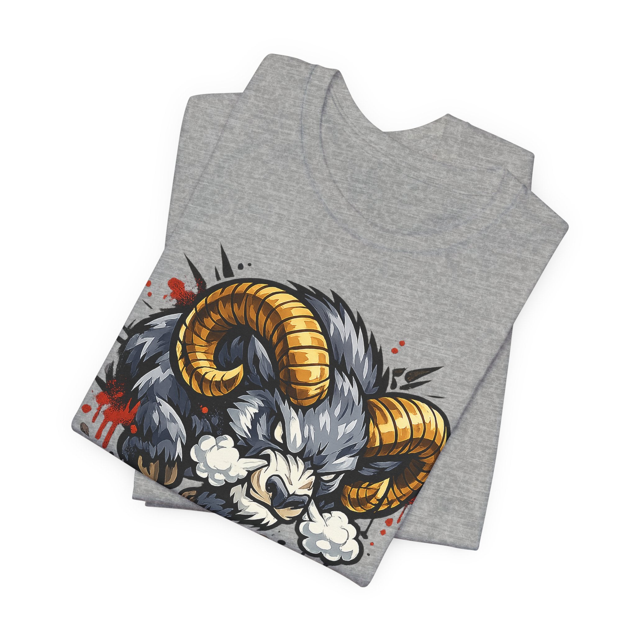 Charging Ram Illustration T-Shirt | Angry Horned Animal Graphic Tee, Wild Bighorn Art Unisex Gift