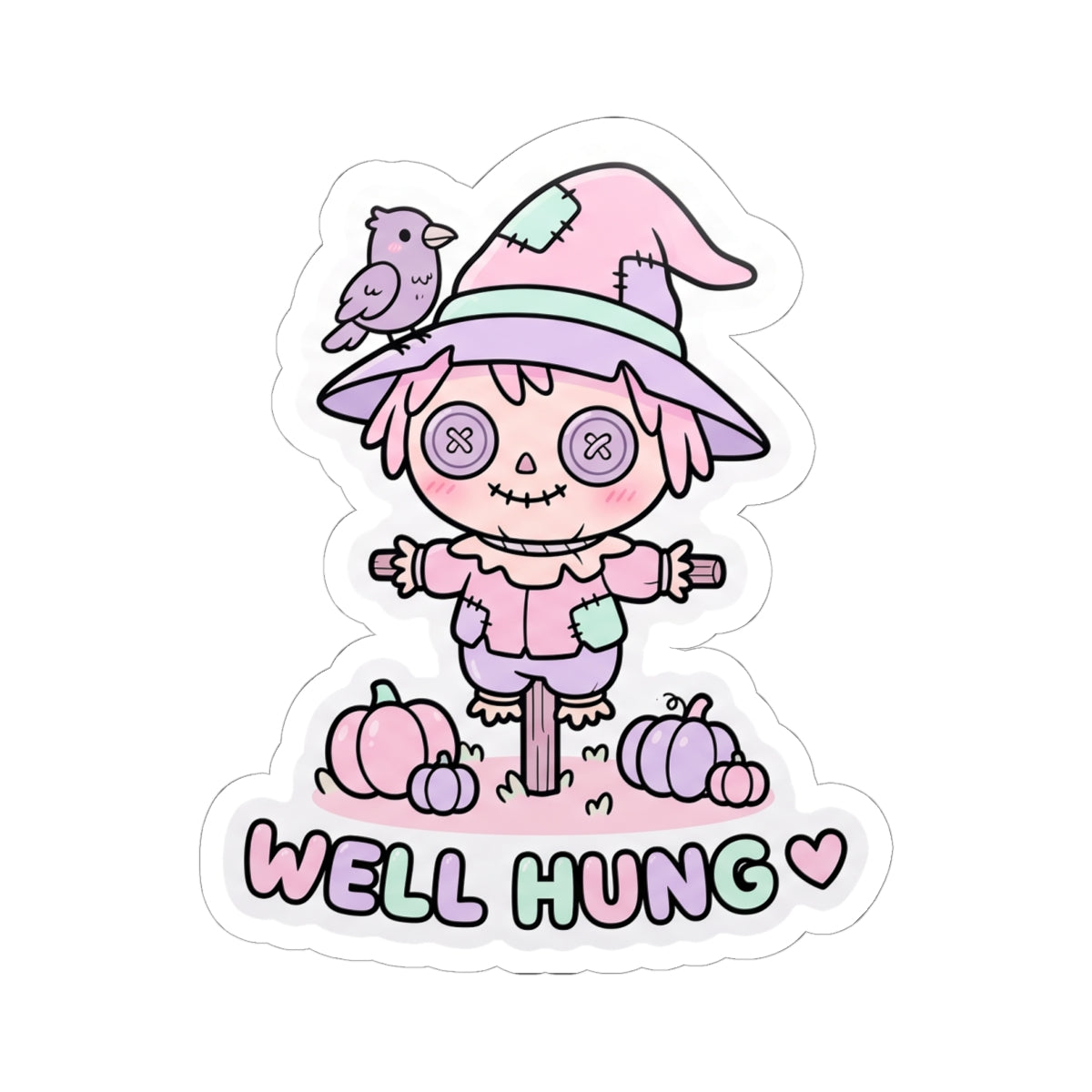 Pastel scarecrow bunny sticker, lavender-pink outfit, bird on hat, “WELL HUNG” text