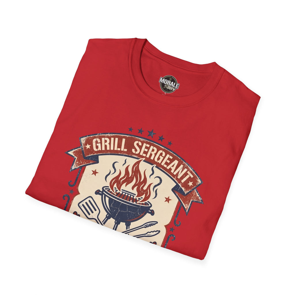 Red T-shirt with “GRILL SERGEANT” BBQ badge graphic and flames