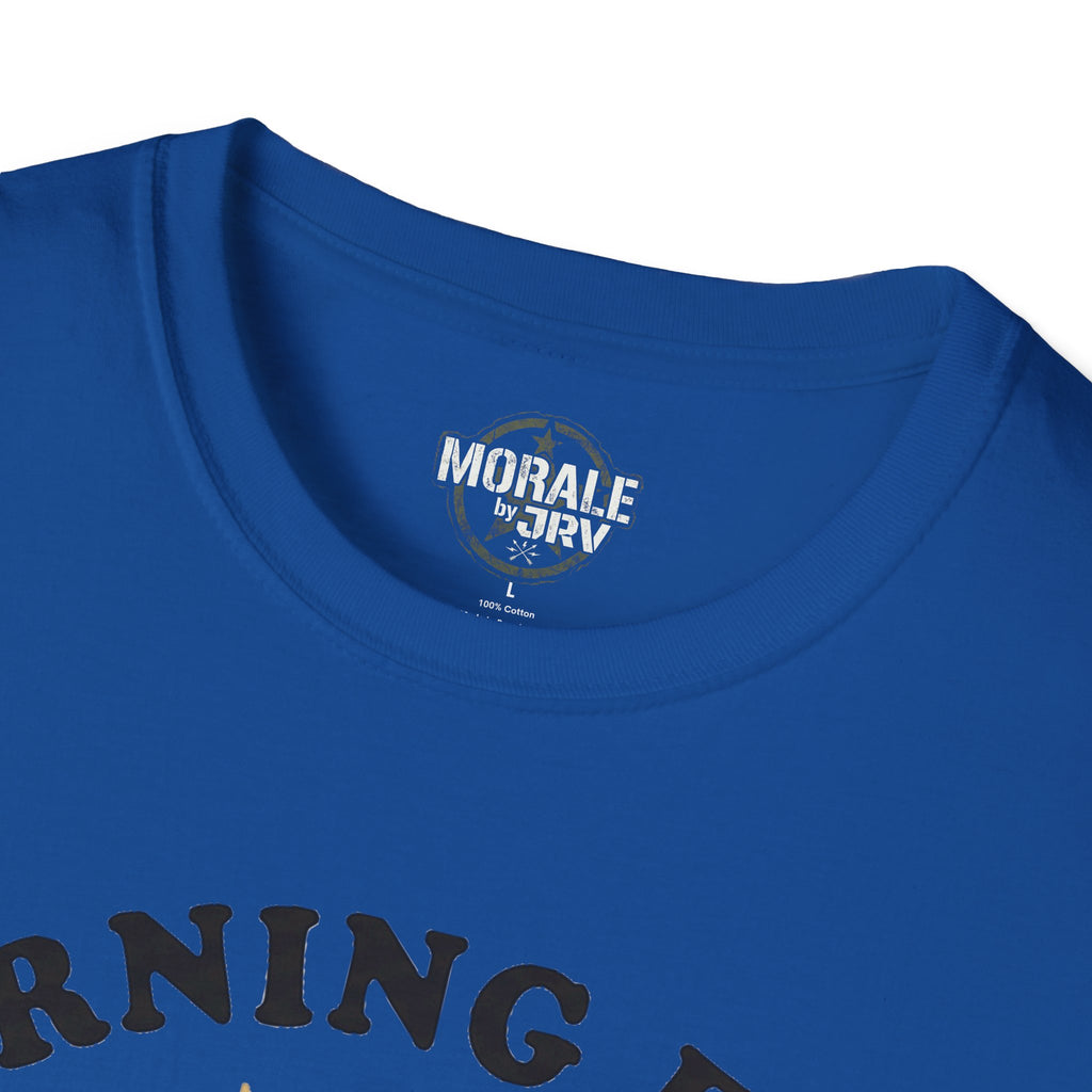 Royal blue T-shirt with crew neck and small MORALE by JRV logo