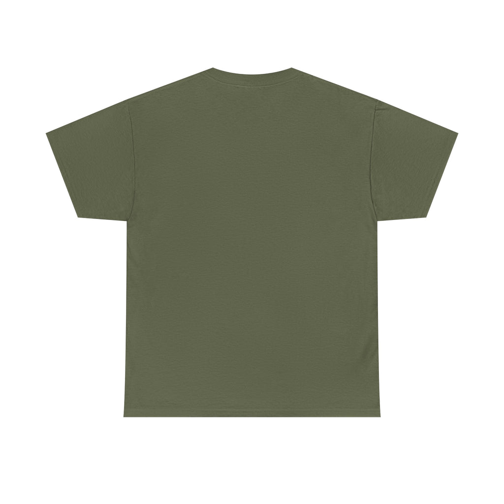 Olive green T-shirt with crew neck and short sleeves, plain front design