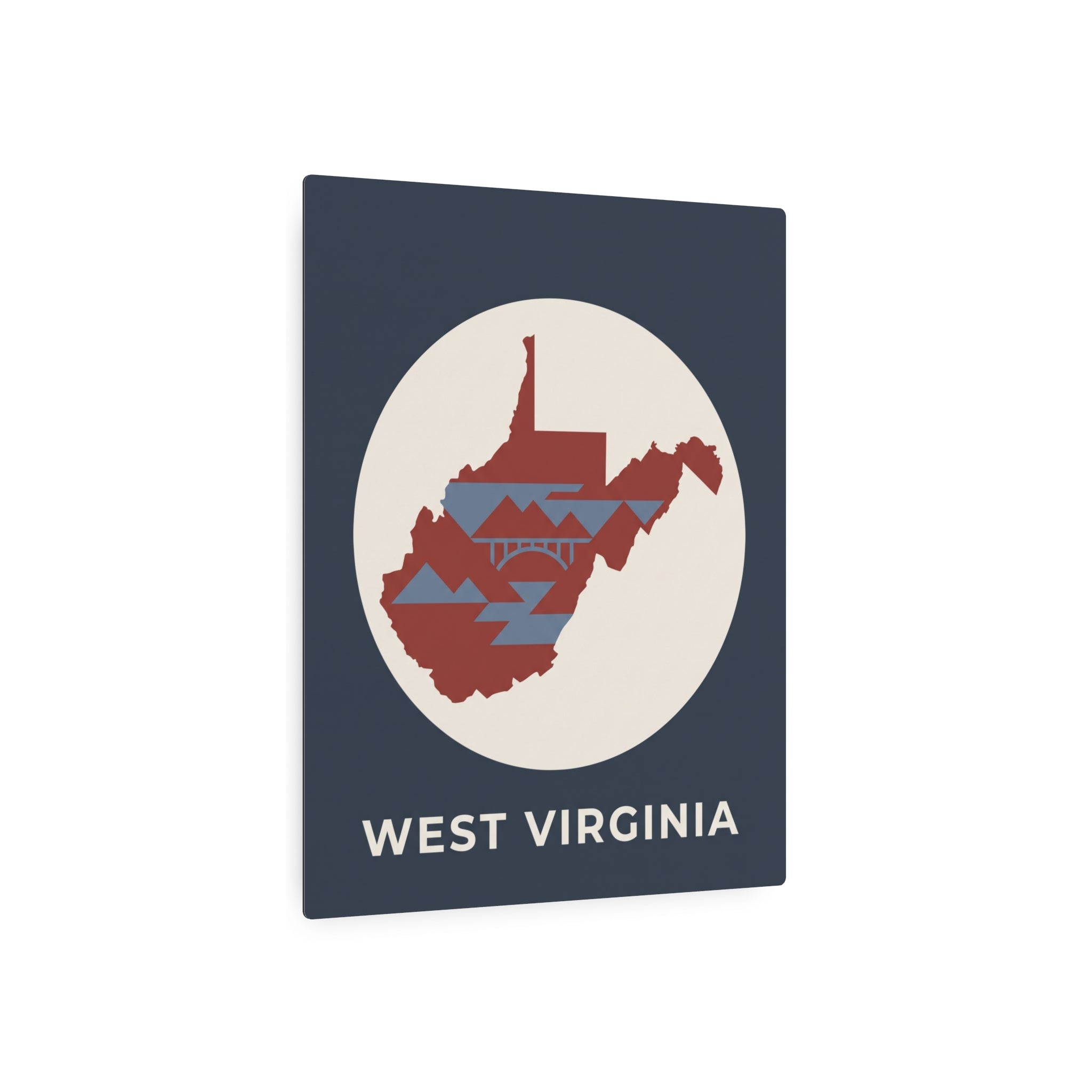 Square metal wall sign with circular West Virginia map art and 'WEST VIRGINIA' at the bottom.