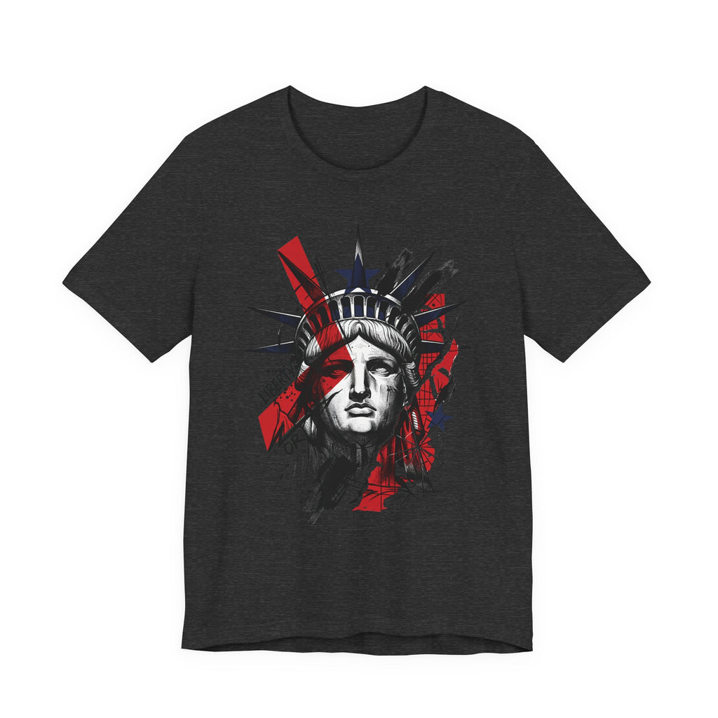 Black graphic T-shirt with Statue of Liberty head illustration in red and black