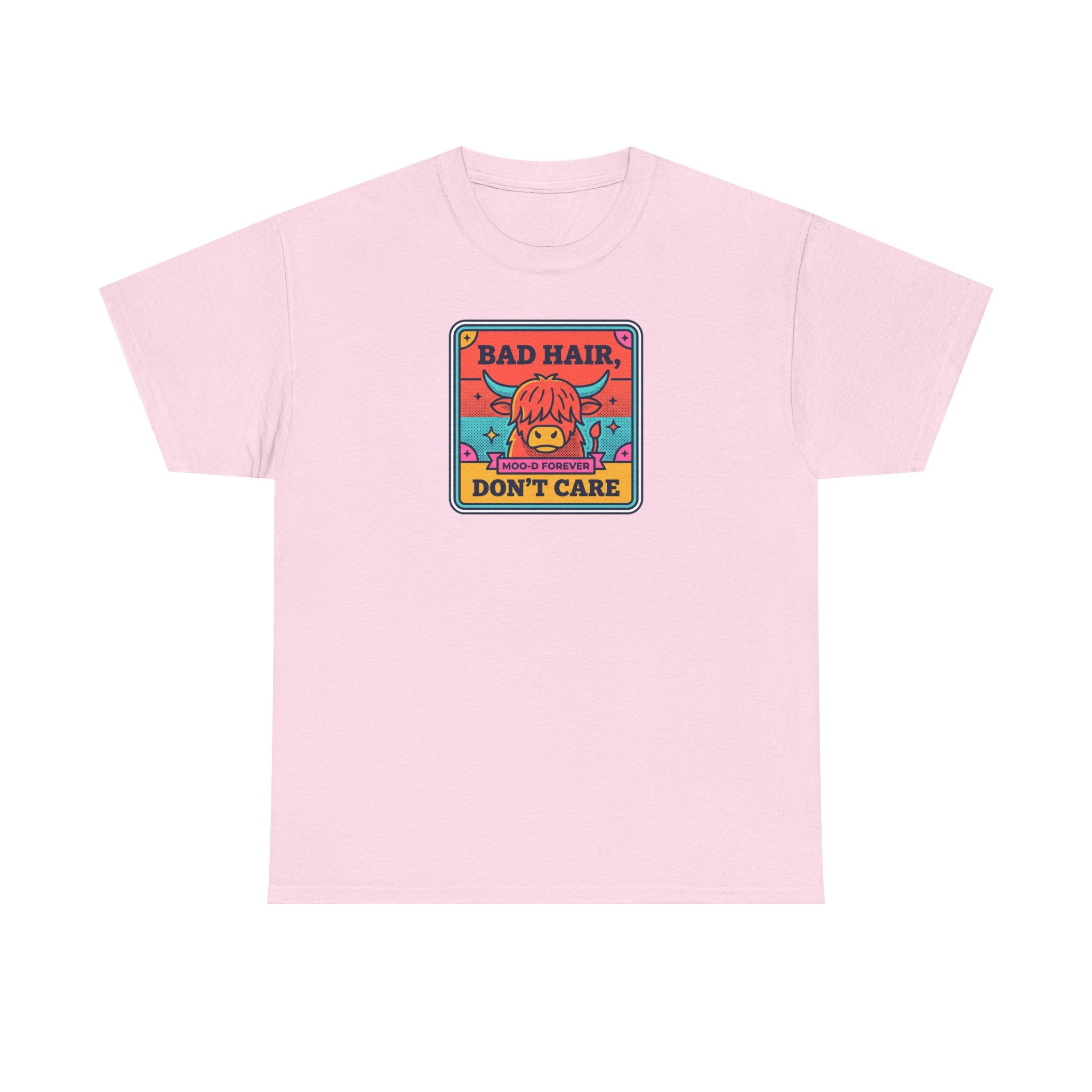 Bad Hair Don't Care T-Shirt | Funny Highland Cow Moo-d Graphic Tee | Cattle Humor Gift