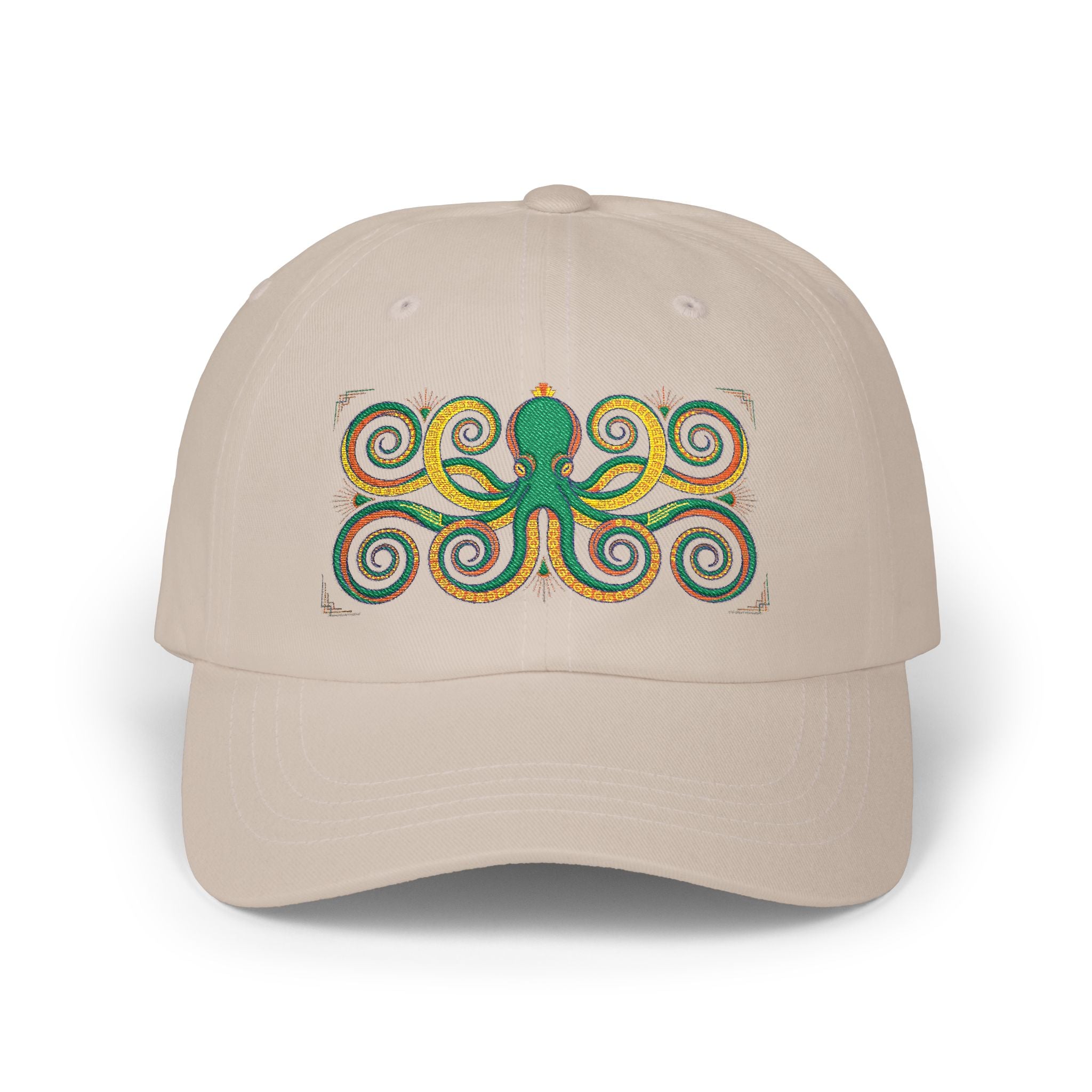 Octopus Swirl Dad Cap — Nautical Green & Gold Embroidered Baseball Hat