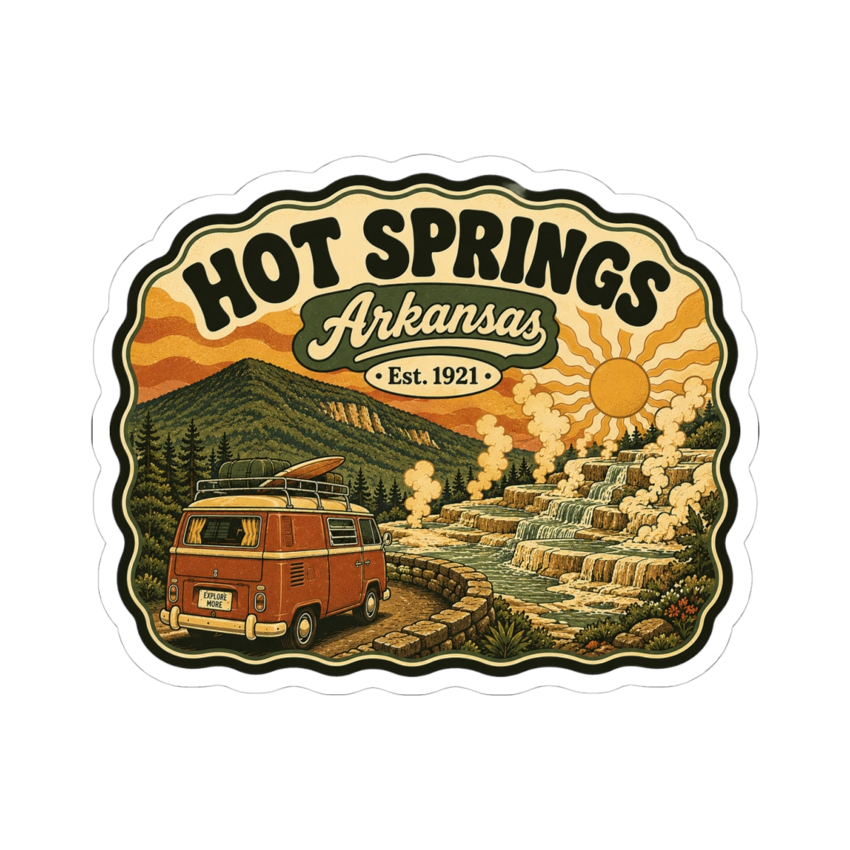 Die-cut Hot Springs Arkansas sticker with vintage camper van, hot spring landscape, and sun