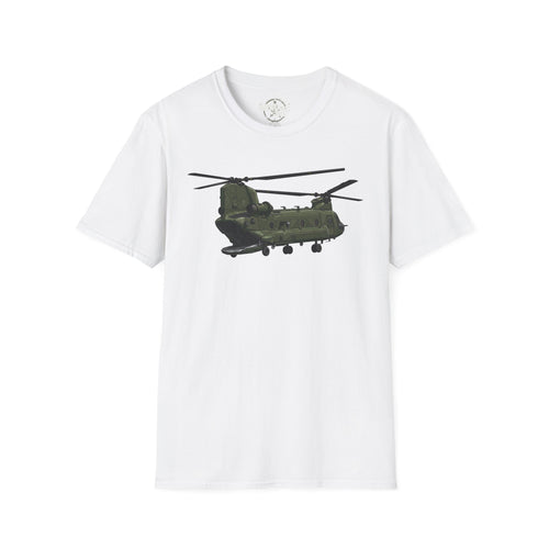 White CH-47 Chinook T-Shirt with detailed green helicopter graphic on front