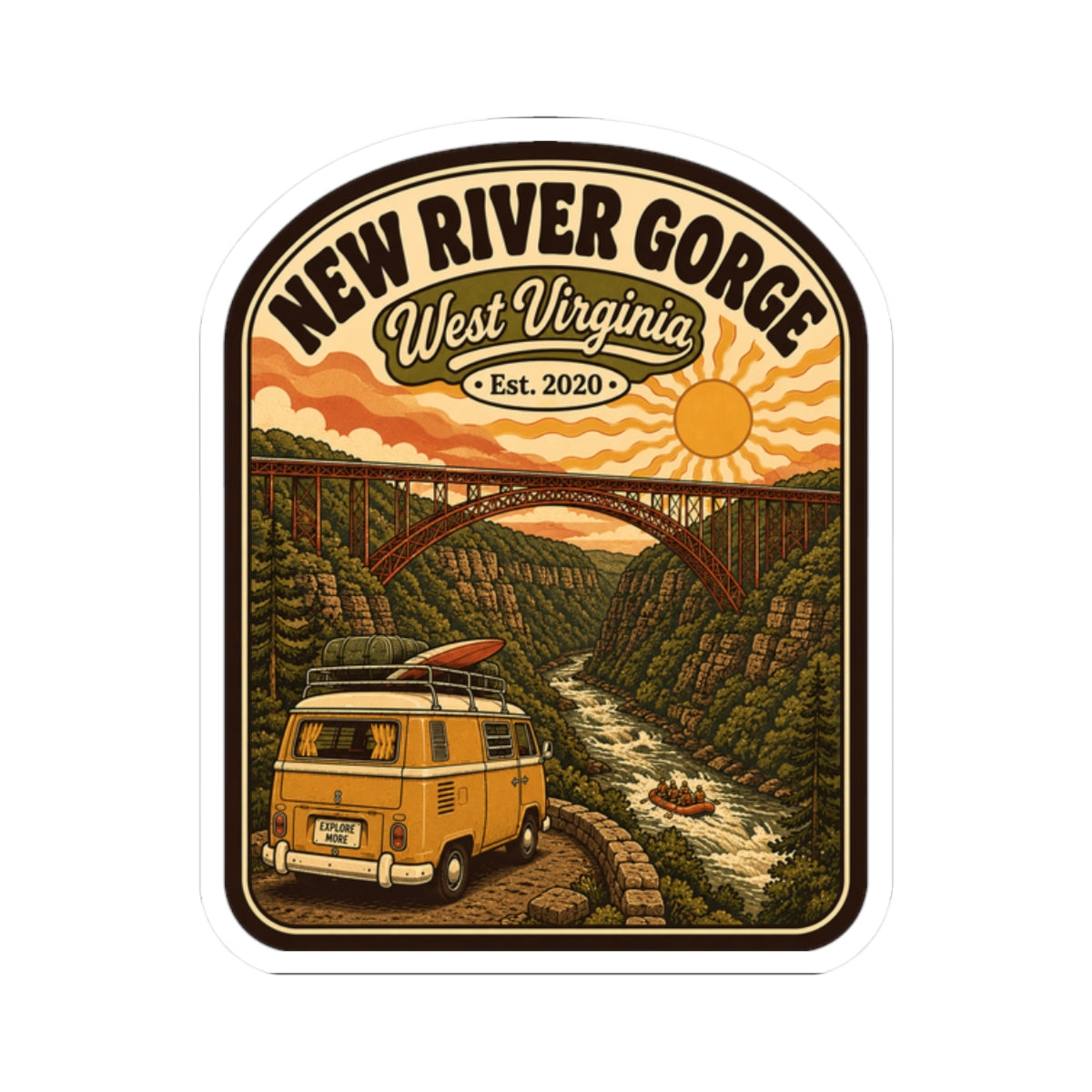 Rounded kiss-cut sticker featuring New River Gorge logo and illustrated landscape