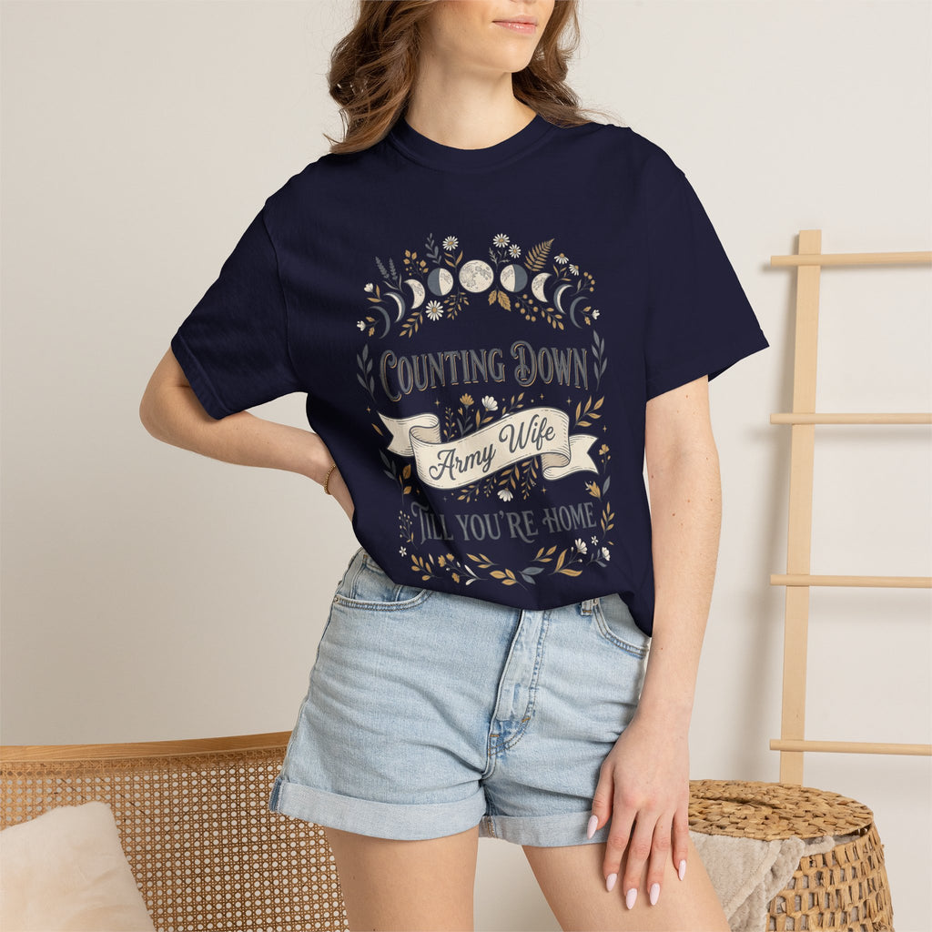 Navy T-shirt with 'Counting Down' crescent floral graphic, worn by model.