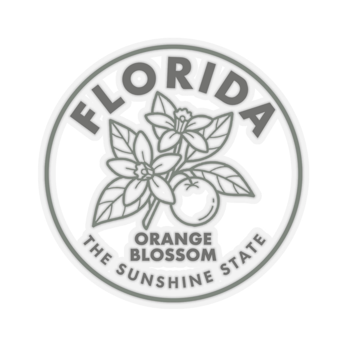 Round transparent vinyl sticker featuring Florida orange blossom flowers and states text