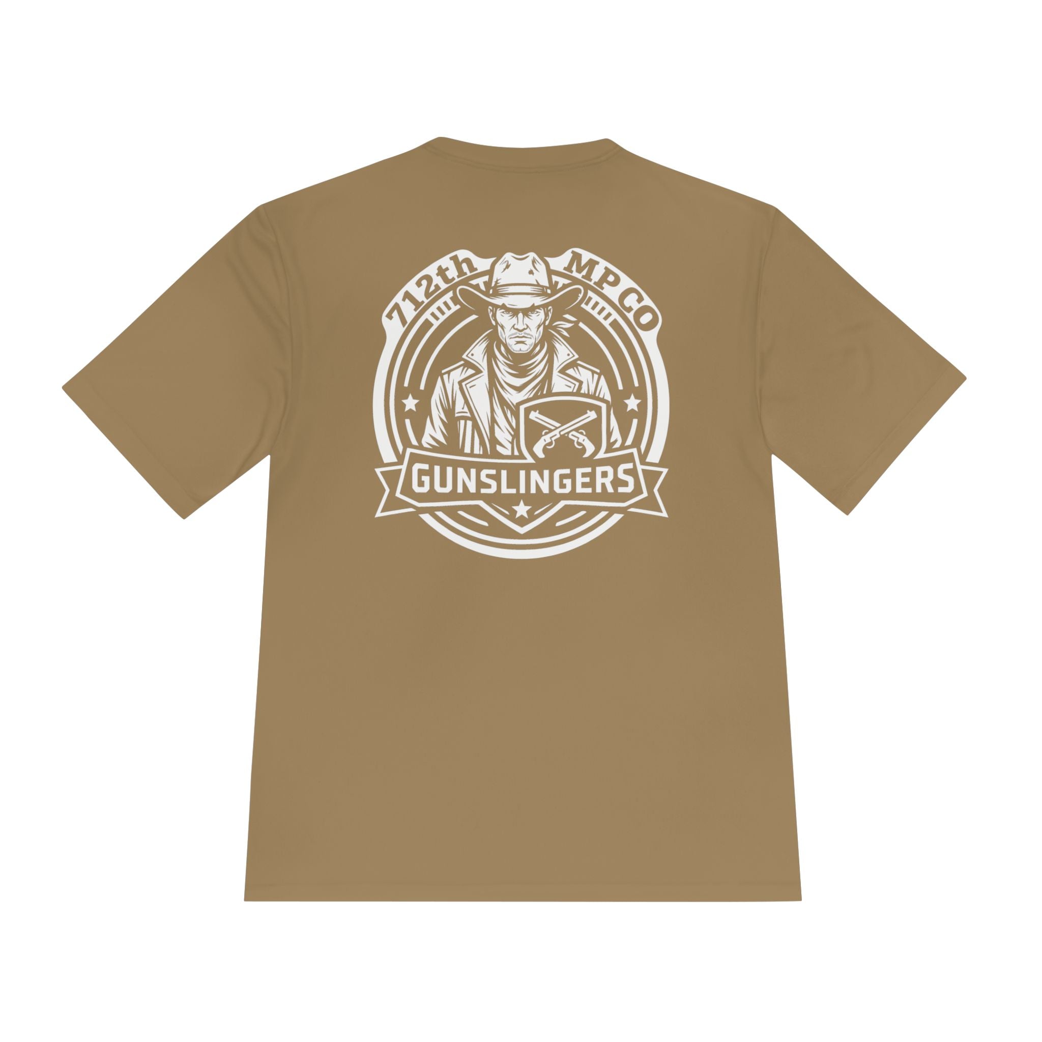 Coyote brown 100% polyester T-shirt with large back Gunslingers graphic logo.