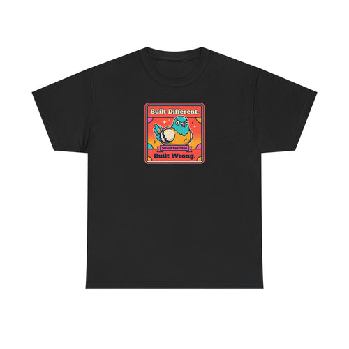 Black t-shirt with framed bird graphic, 'Built Different' and 'Built Wrong' text.